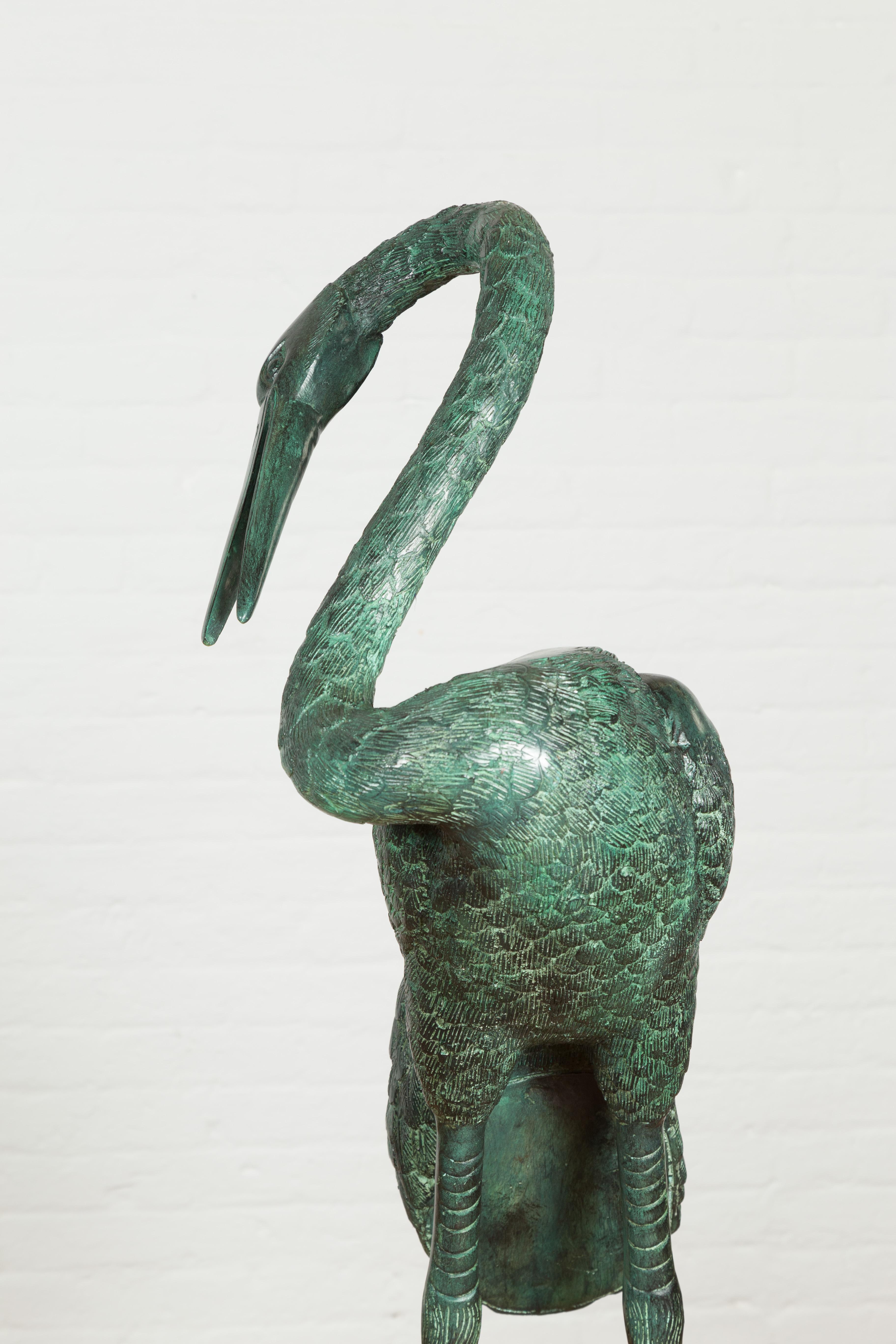 Pair of Contemporary Verdigris Bronze Crane Sculptures Tubed as Fountains For Sale 1