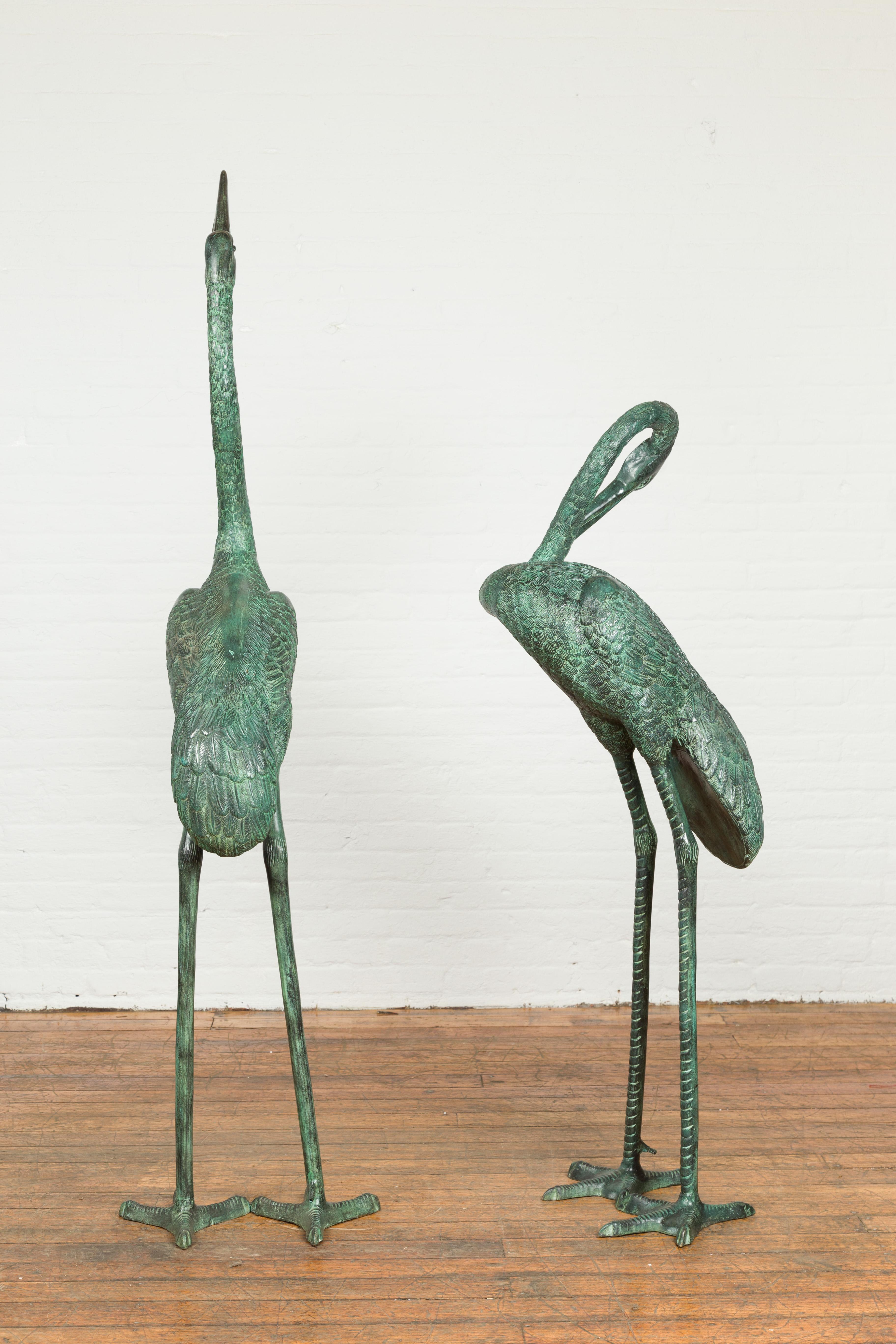 Pair of Contemporary Verdigris Bronze Crane Sculptures Tubed as Fountains 1