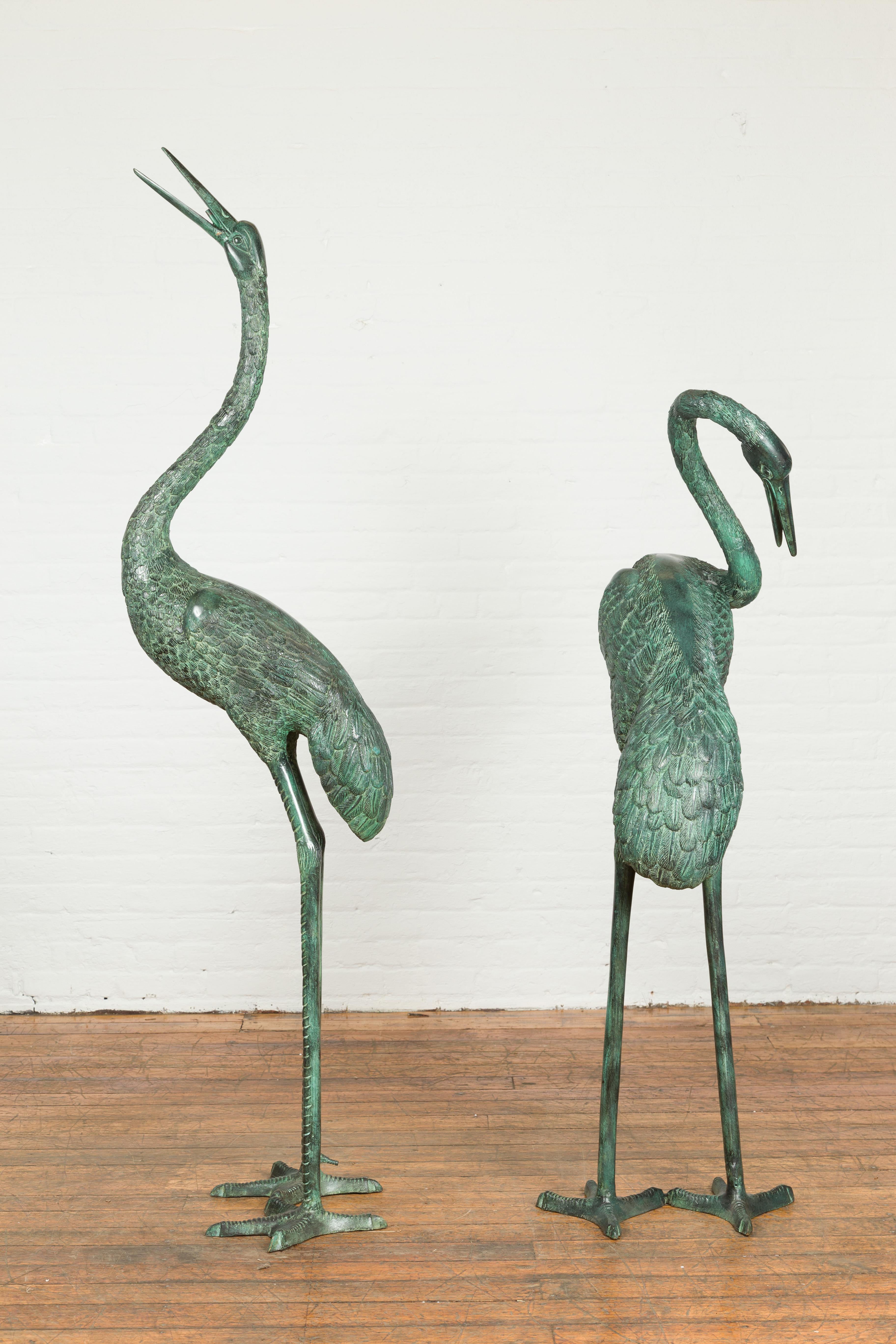 Pair of Contemporary Verdigris Bronze Crane Sculptures Tubed as Fountains 2