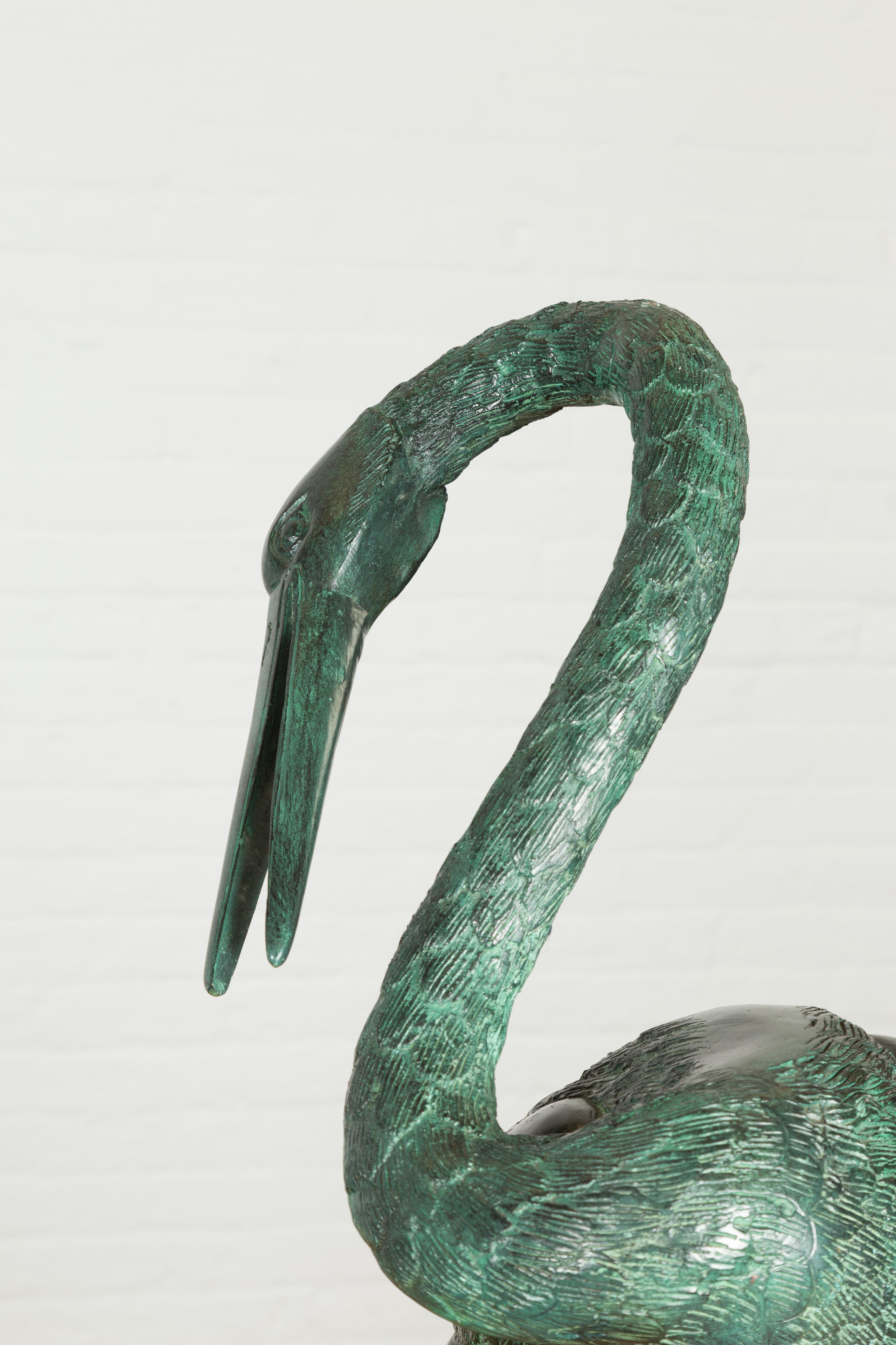 Pair of Contemporary Verdigris Bronze Crane Sculptures Tubed as Fountains 3