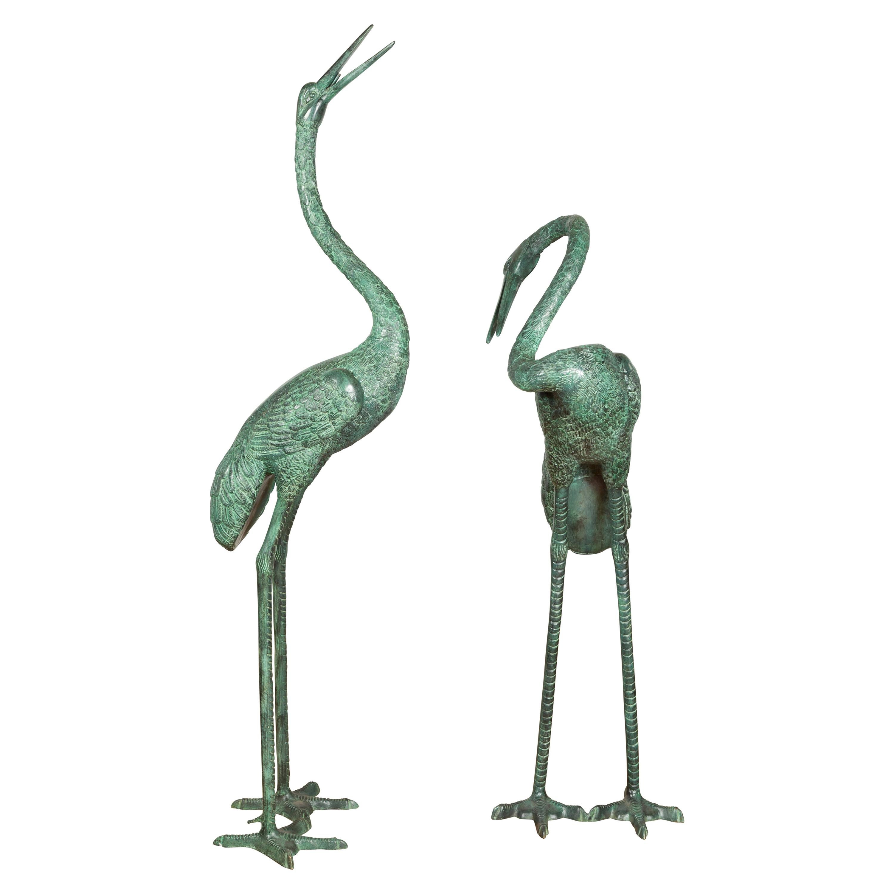 Pair of Contemporary Verdigris Bronze Crane Sculptures Tubed as Fountains