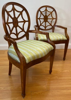 Pair of Contemporary Walnut Framed Upholstered Armchairs with Inlay