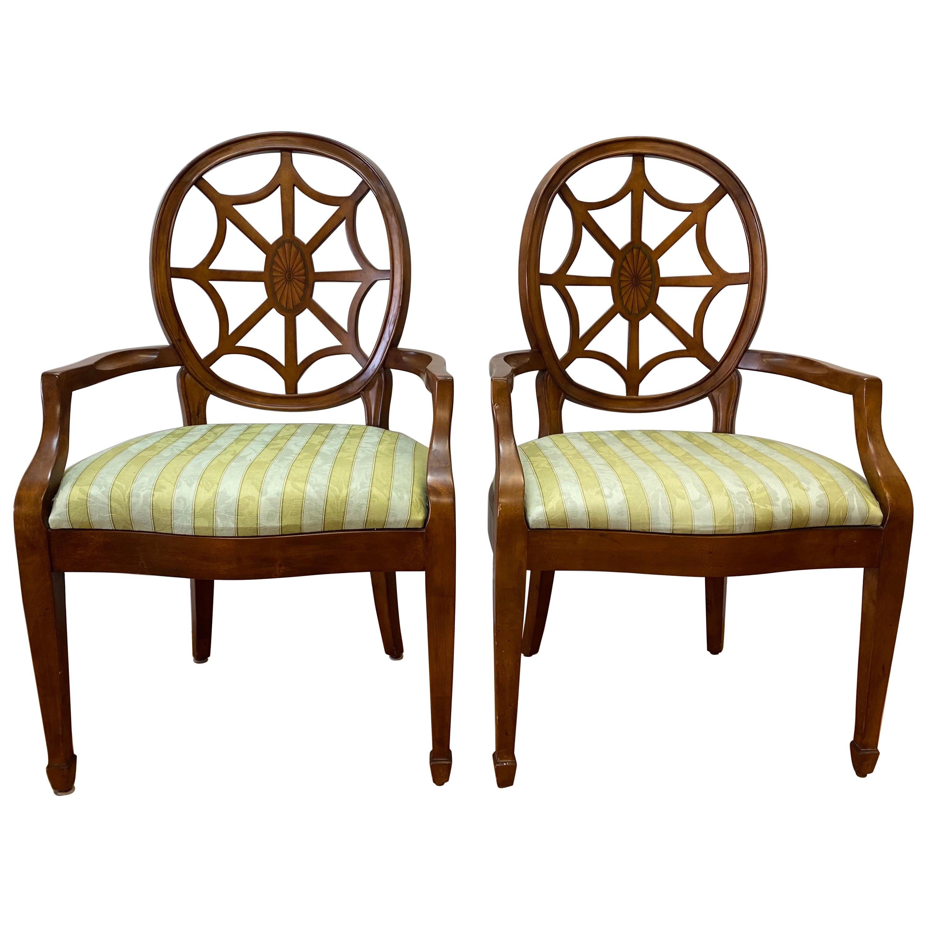 Pair of Contemporary Walnut Framed Upholstered Armchairs with Inlay For Sale