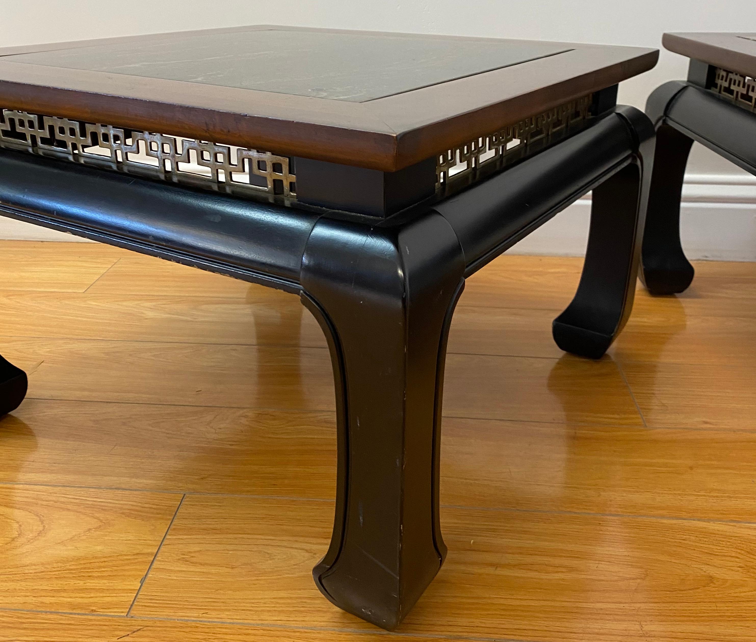Hand-Crafted Pair of Contemporary Walnut, Marble & Brass Side Tables For Sale