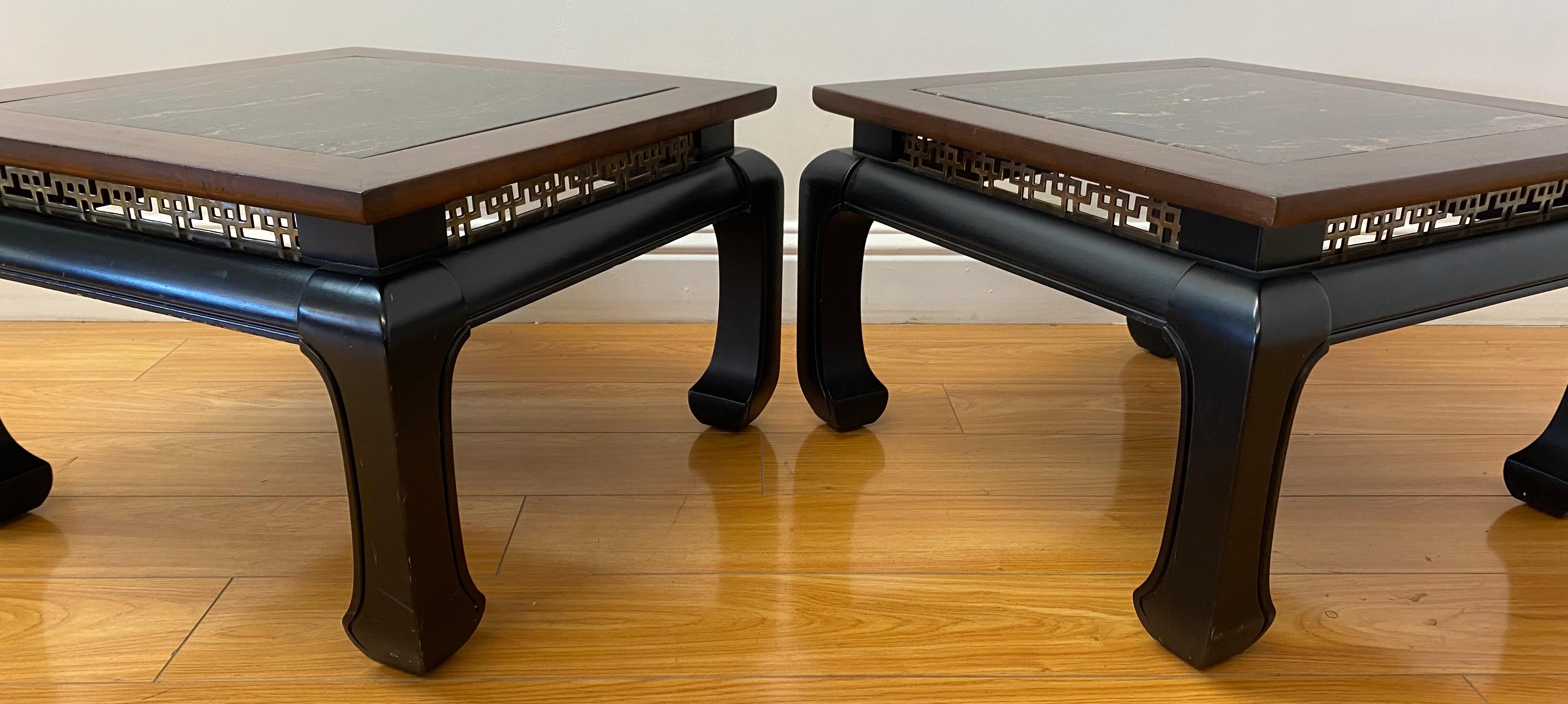 Pair of Contemporary Walnut, Marble & Brass Side Tables In Good Condition For Sale In San Francisco, CA