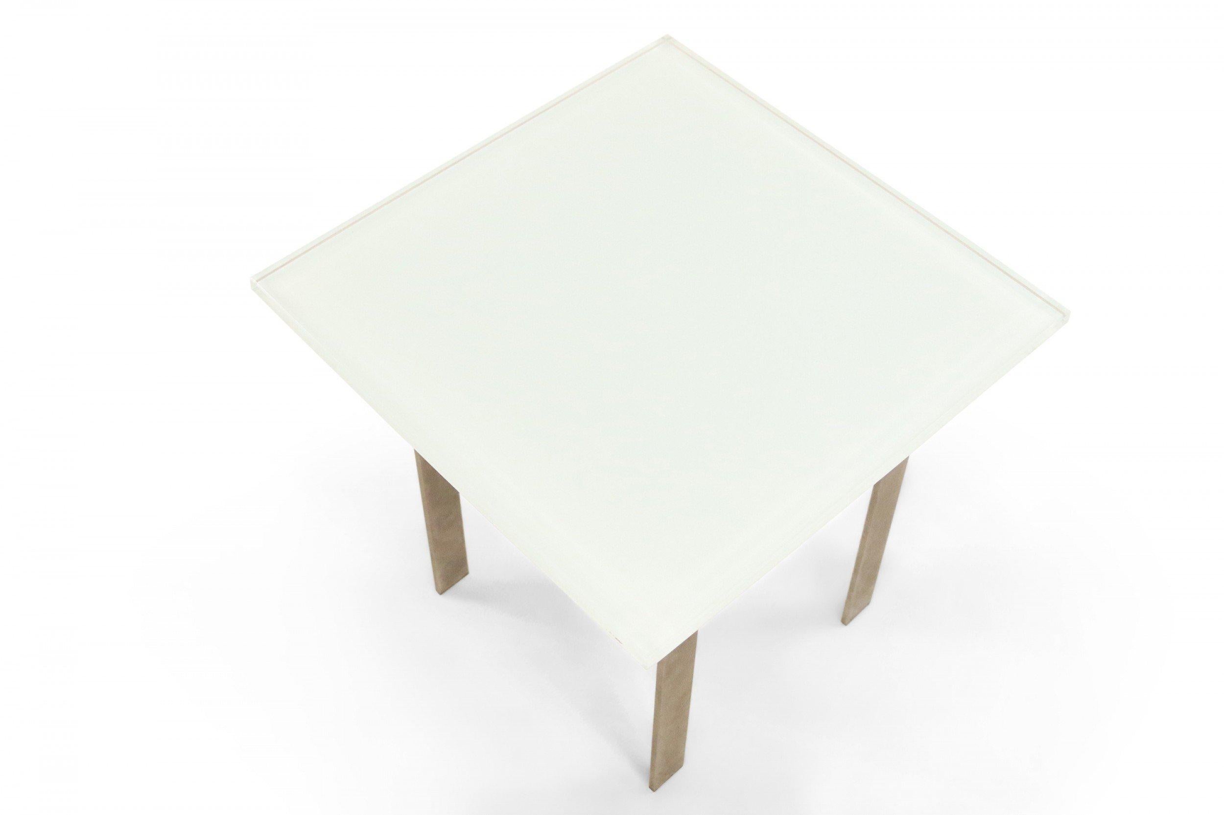 Modern Pair of Contemporary White Glass and Steel Square End Tables