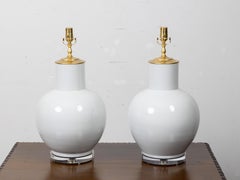 Pair of Contemporary White Porcelain Table Lamps on Lucite Bases
