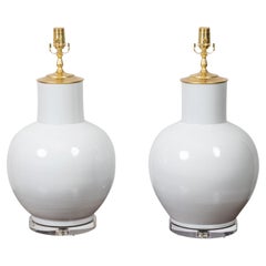Pair of Contemporary White Porcelain Table Lamps on Lucite Bases