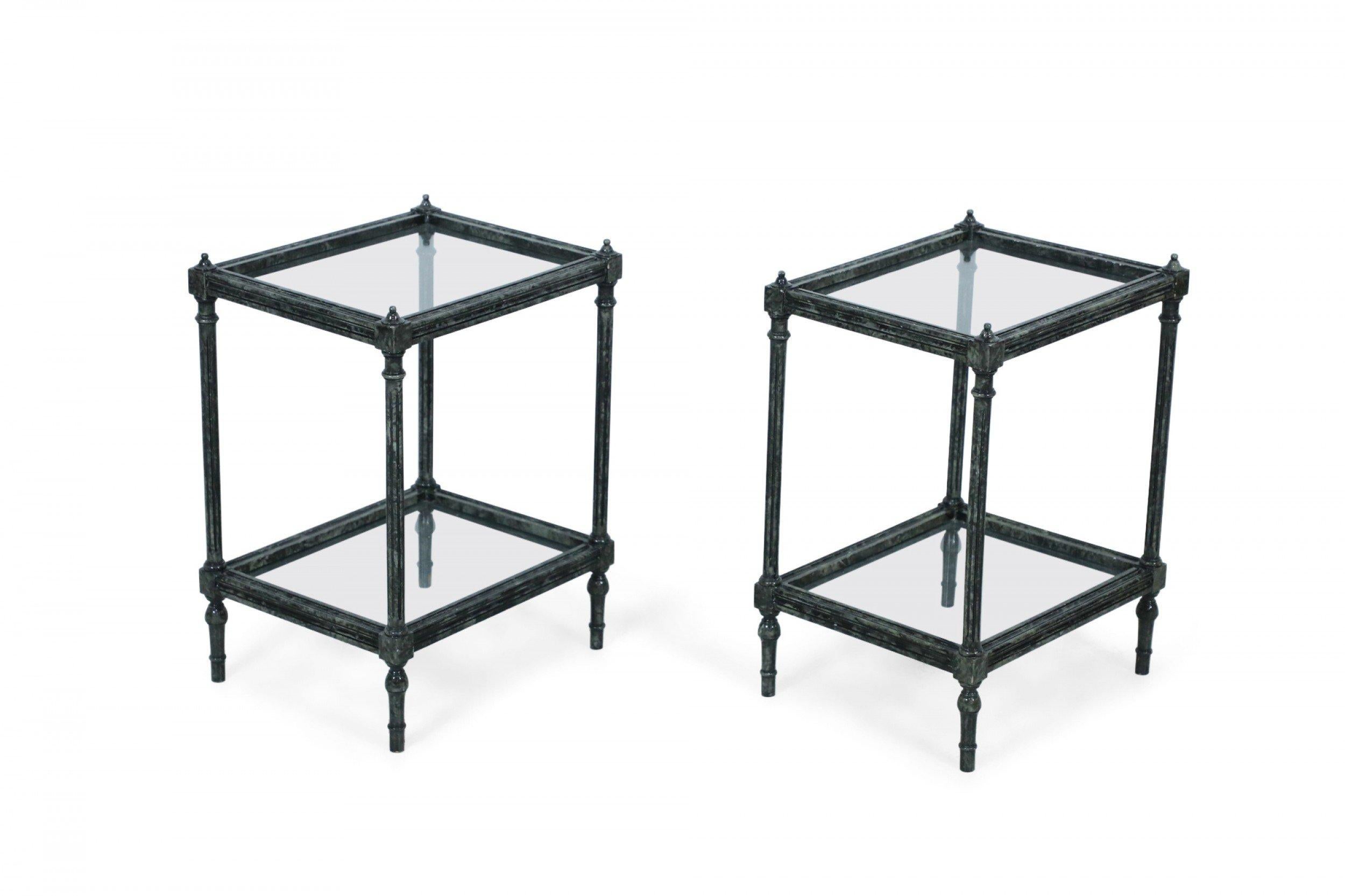 Pair of Contemporary Wooden Faux Metallic Painted End Tables with Glass Tops For Sale 3