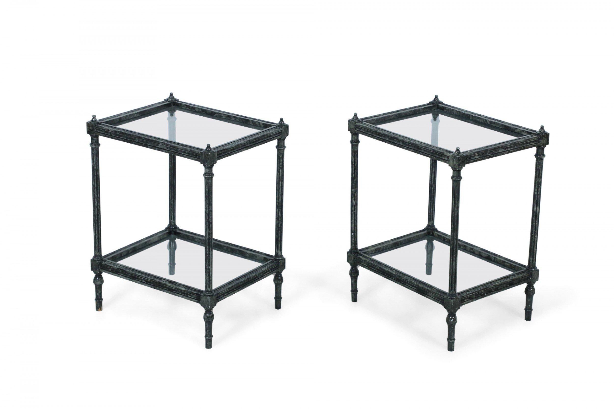 Modern Pair of Contemporary Wooden Faux Metallic Painted End Tables with Glass Tops For Sale