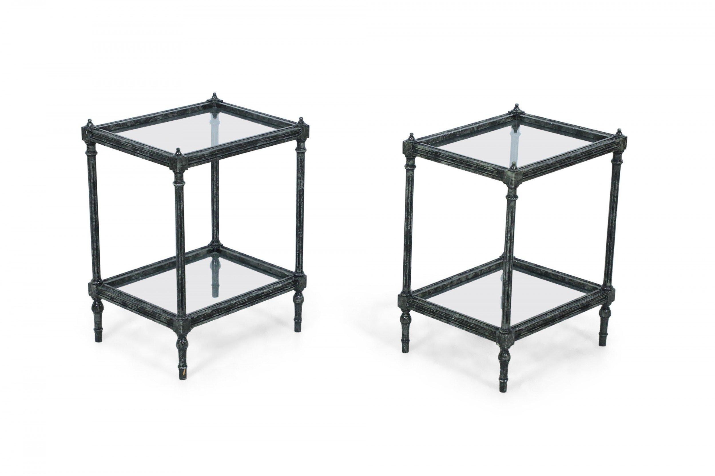 Pair of Contemporary Wooden Faux Metallic Painted End Tables with Glass Tops In Good Condition For Sale In New York, NY