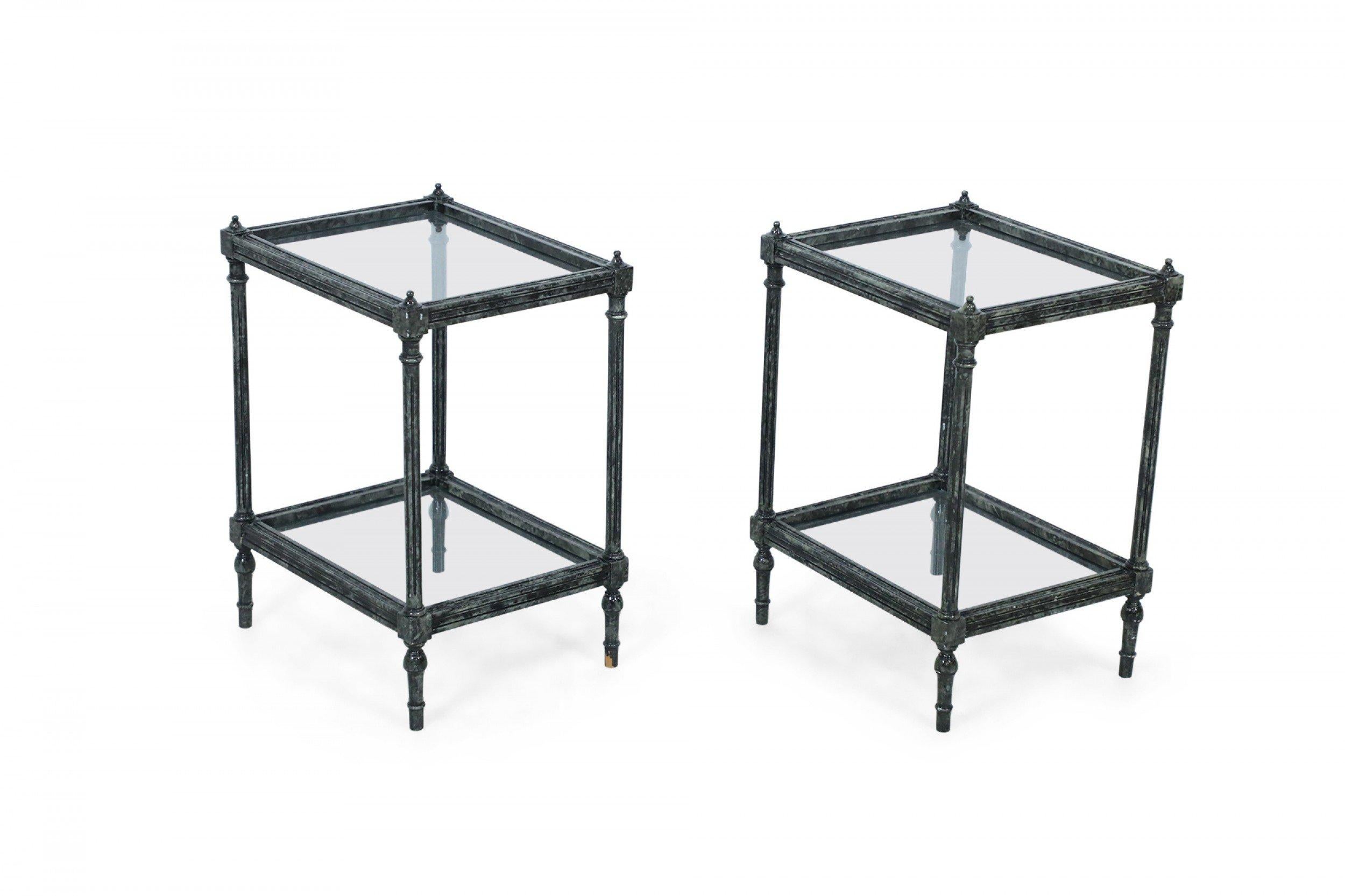 Pair of Contemporary Wooden Faux Metallic Painted End Tables with Glass Tops For Sale 1