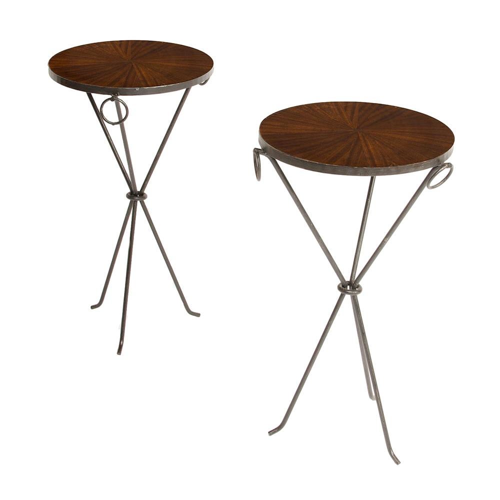 Pair of Contemporary Wrought Iron Drink Tables with Parquet Tops