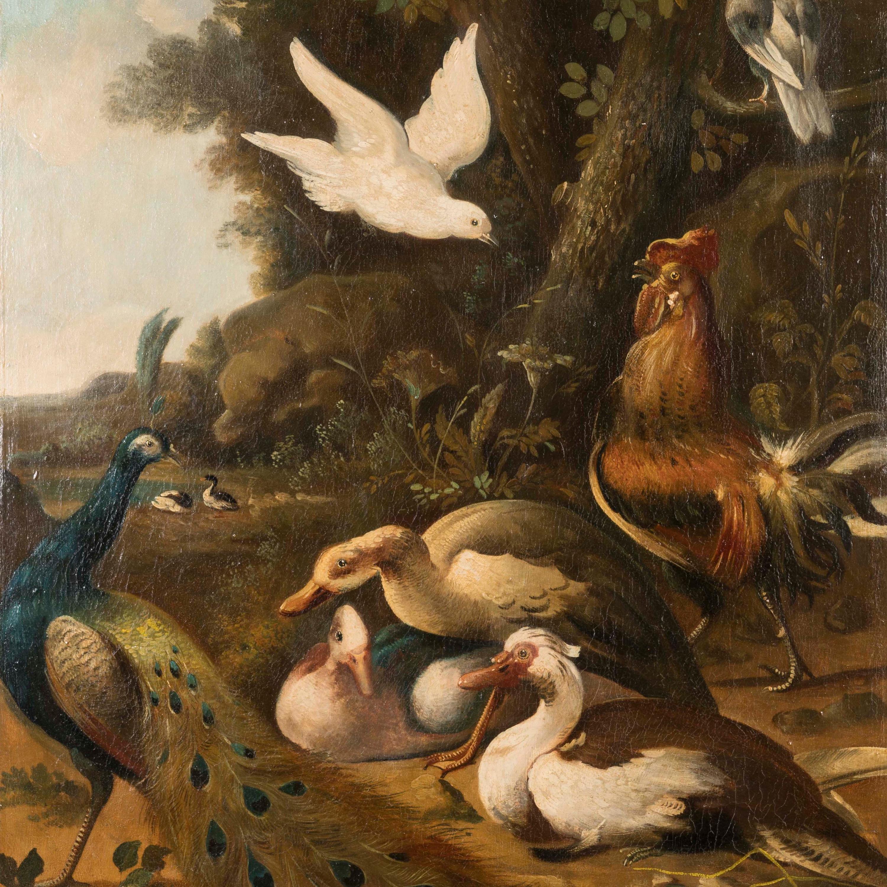 Paar kontinentale Vogelgemälde des 19. Jahrhunderts in der Art von Melchior de Hondecoeter (Handbemalt) im Angebot