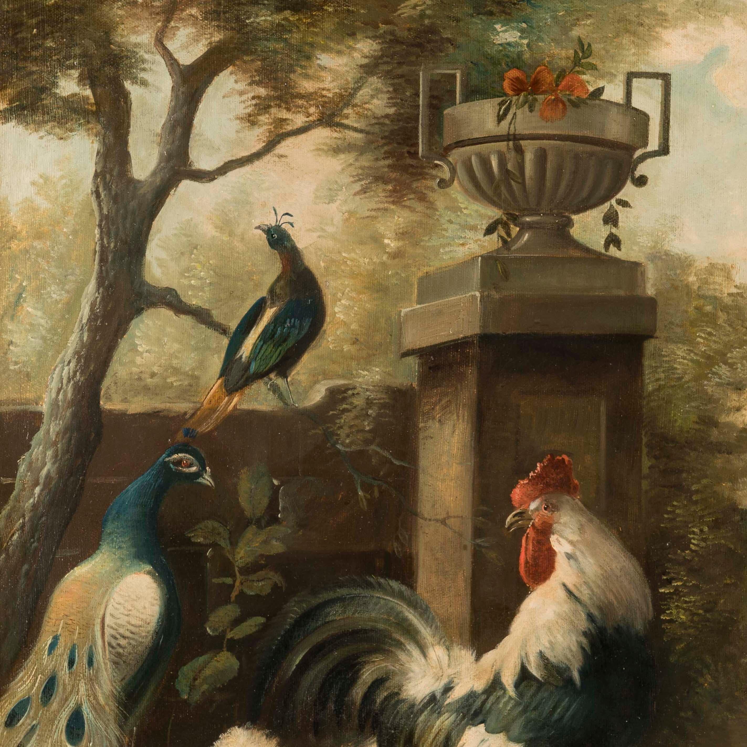 Paar kontinentale Vogelgemälde des 19. Jahrhunderts in der Art von Melchior de Hondecoeter (Leinwand) im Angebot