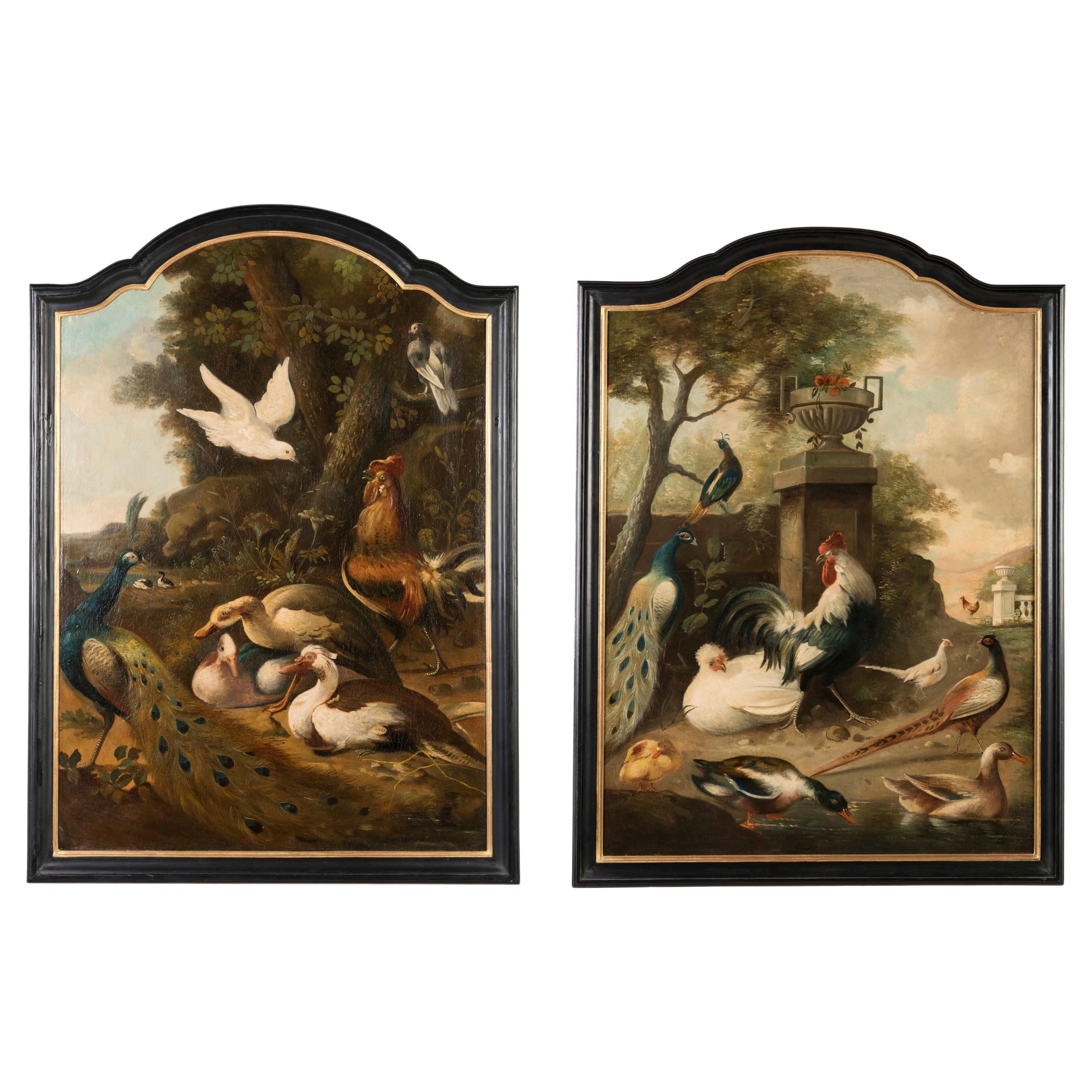 Paire de peintures d'oiseaux continentales du A.C.I. à la manière de Melchior de Hondecoeter