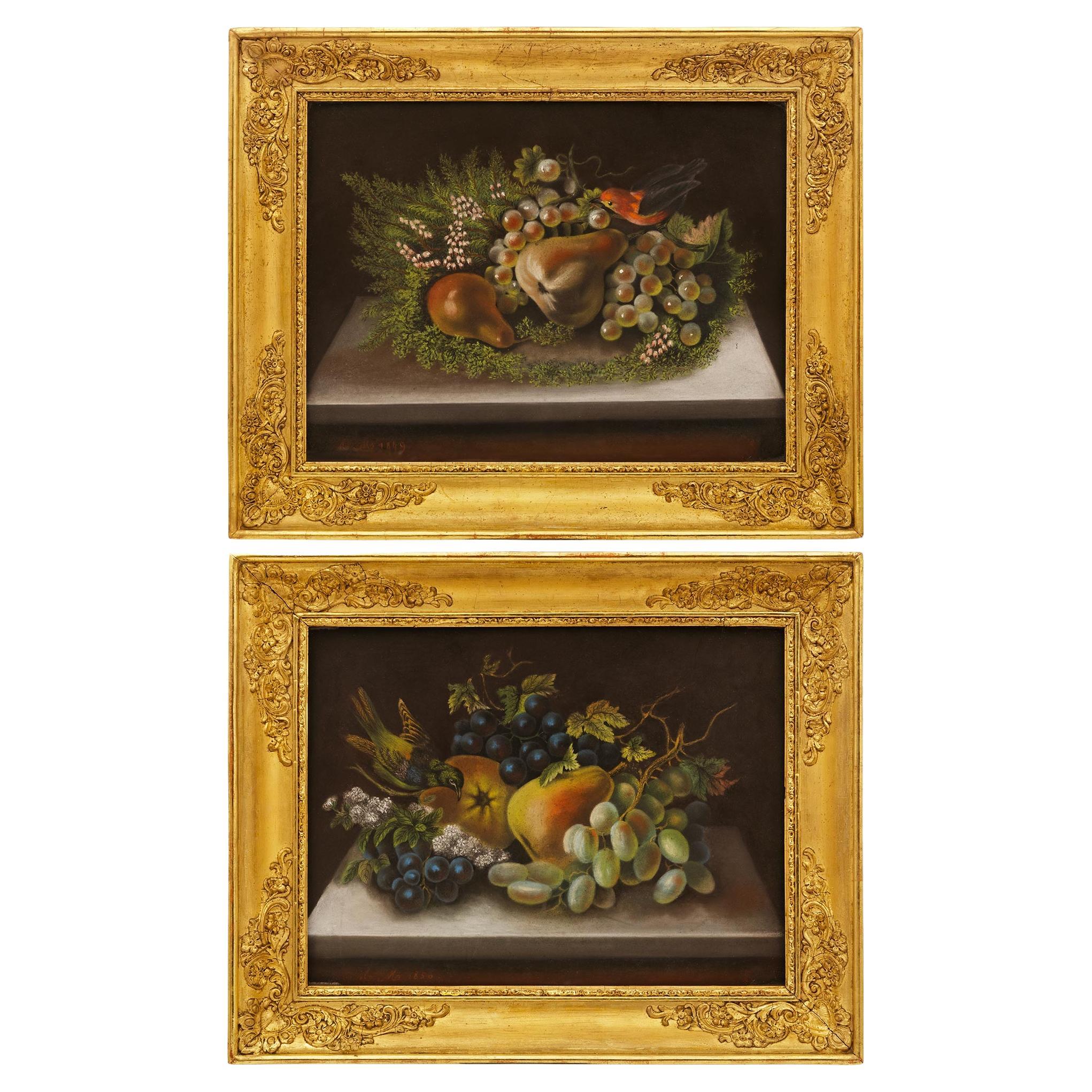 Paire de peintures à l
huile sur toile et bois doré du XIXe siècle continental