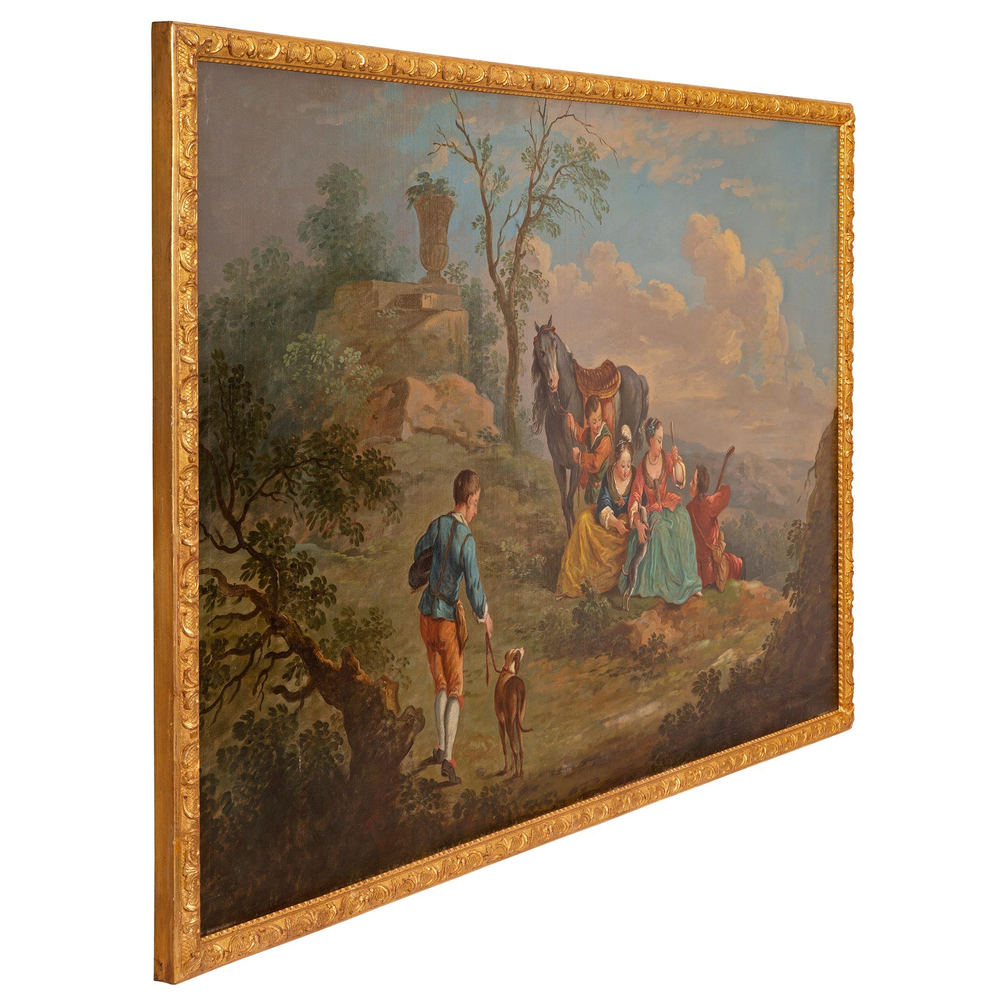 A striking and most charming pair of continental 19th century oil on canvas paintings. Each beautiful painting is set within its original giltwood frame with finely carved wrap around beaded and foliate designs. The painting to the left depicts