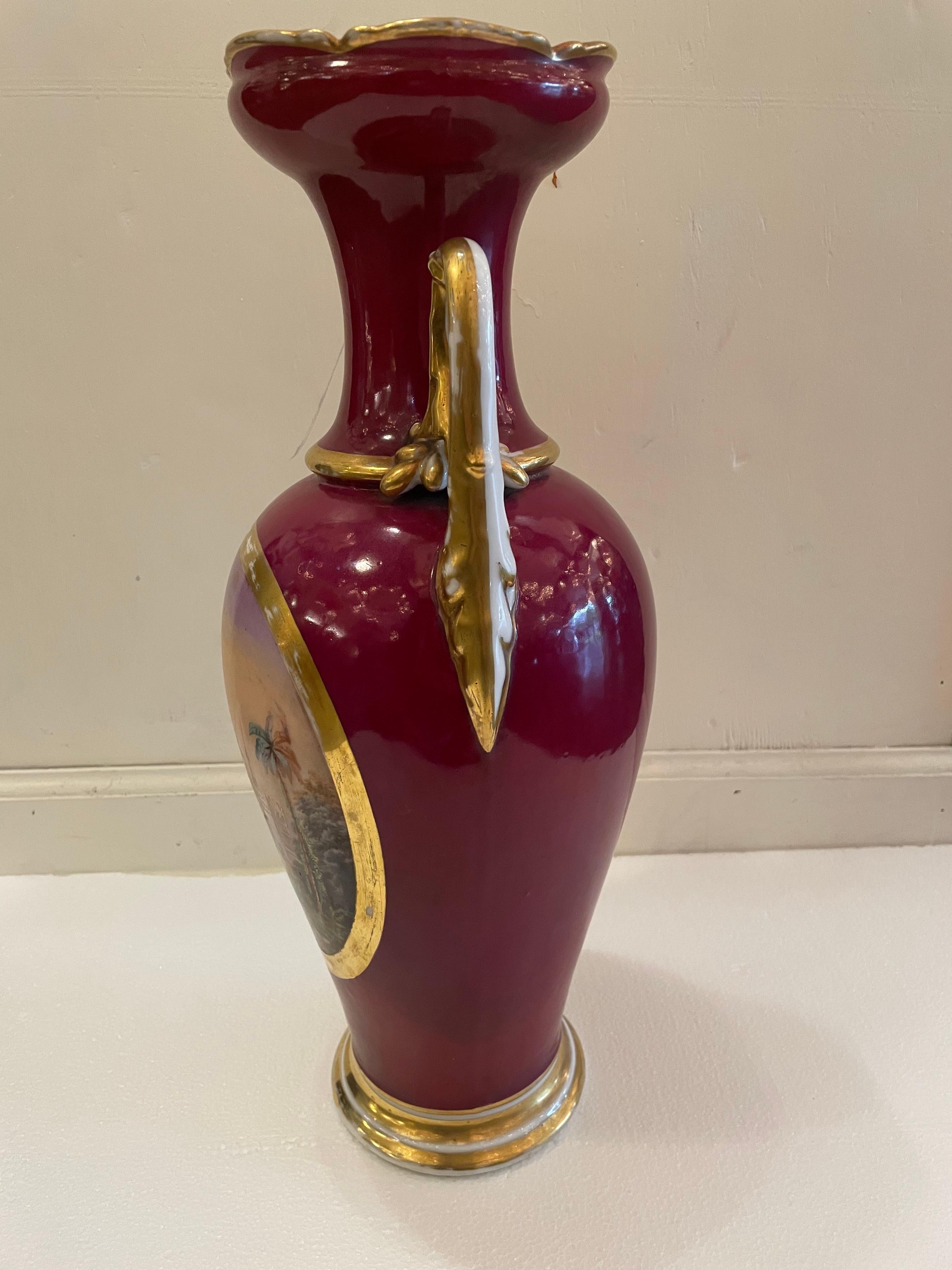 Coppia di vasi continentali con manici a balaustro in porcellana, XIX secolo, con decorazione dorata e riserve dipinte a mano di scienze dell'India.