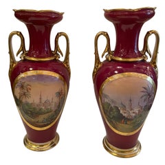 Vintage Pair of Continental Baluster Handled Porcelain Vases