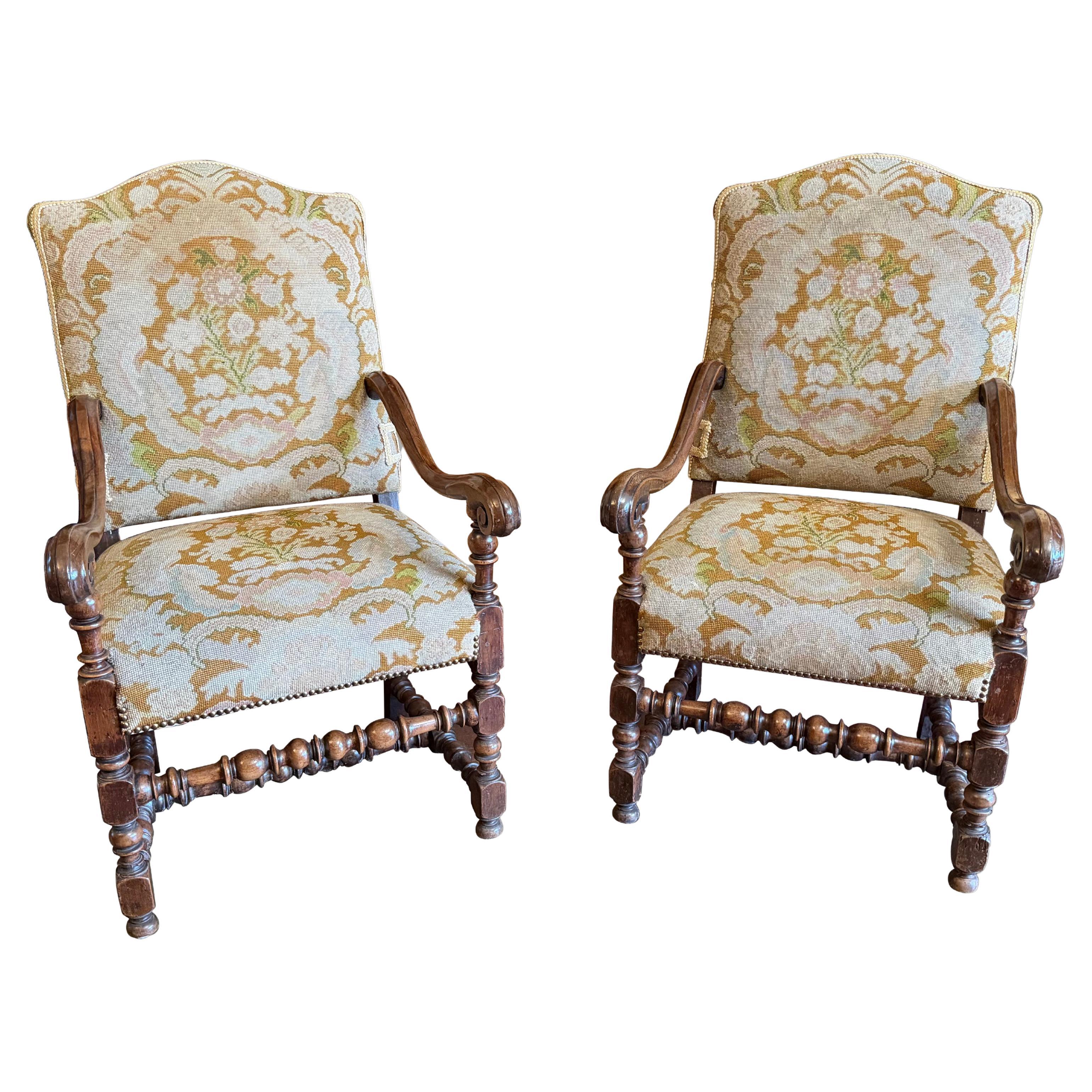 Pair of Continental Baroque Upholstered Arm Chairs with Needlepoint Upholstery For Sale