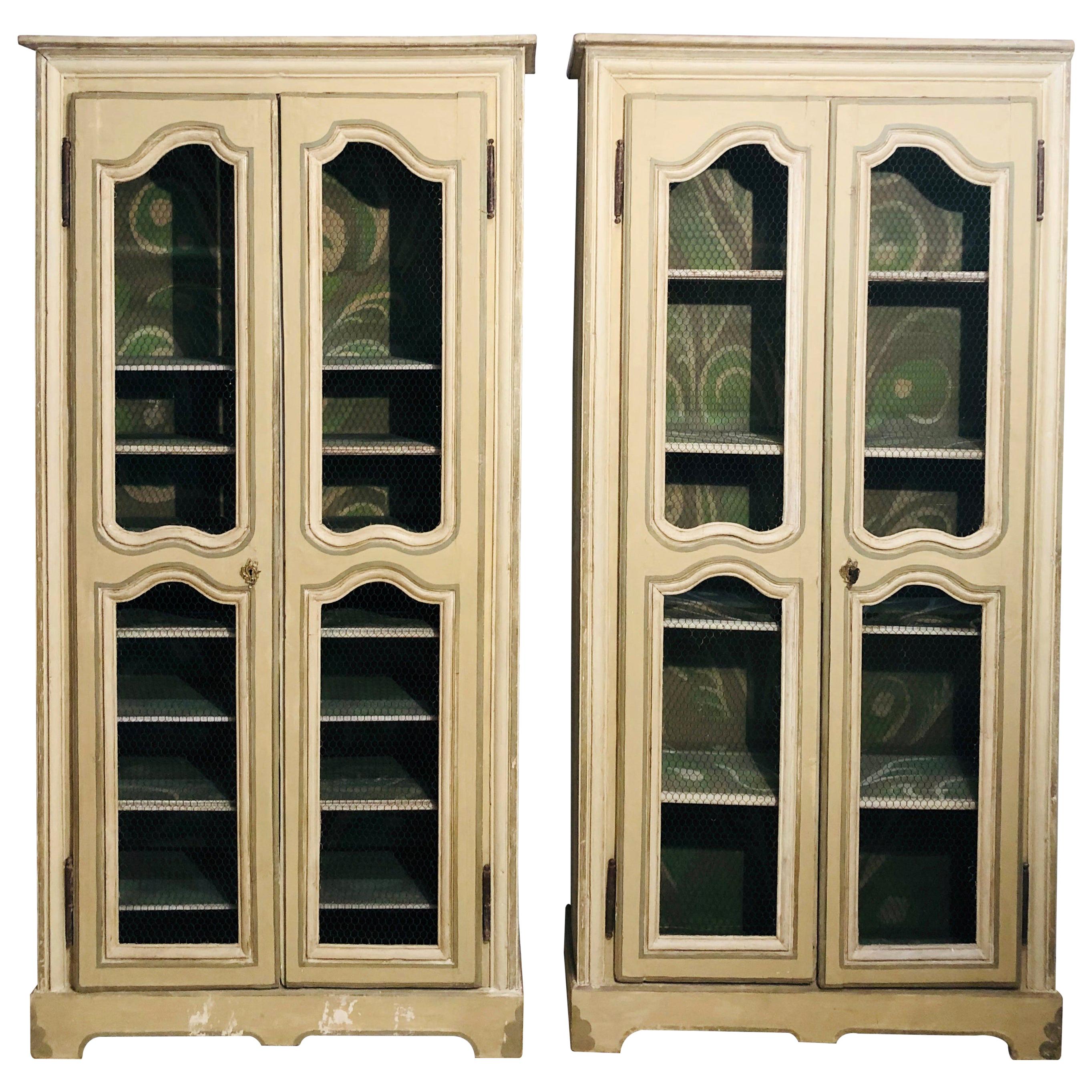Pair of Continental Bookcase Cabinets Original Paint Decorated