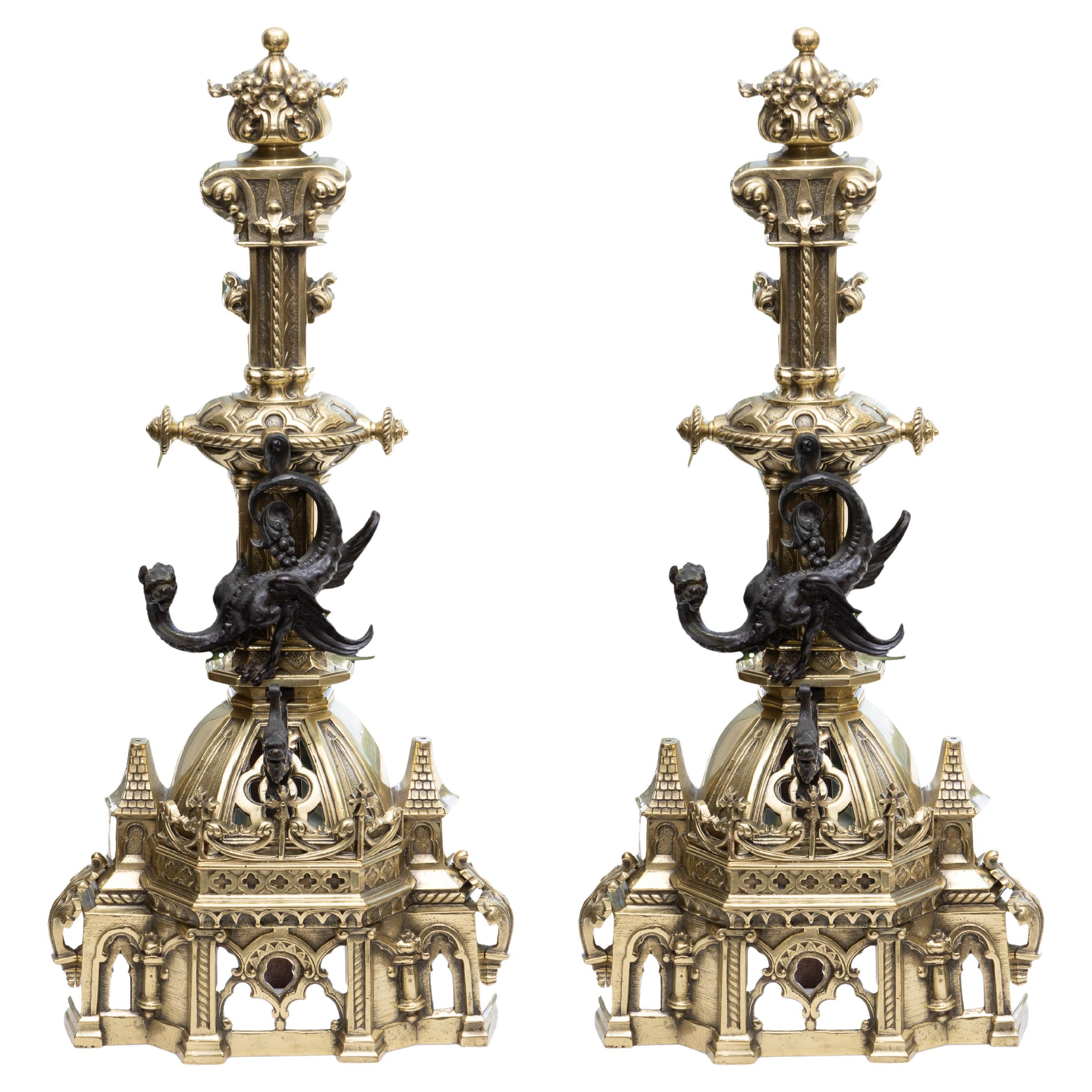 Pair of Continental Brass and Bronze Andirons