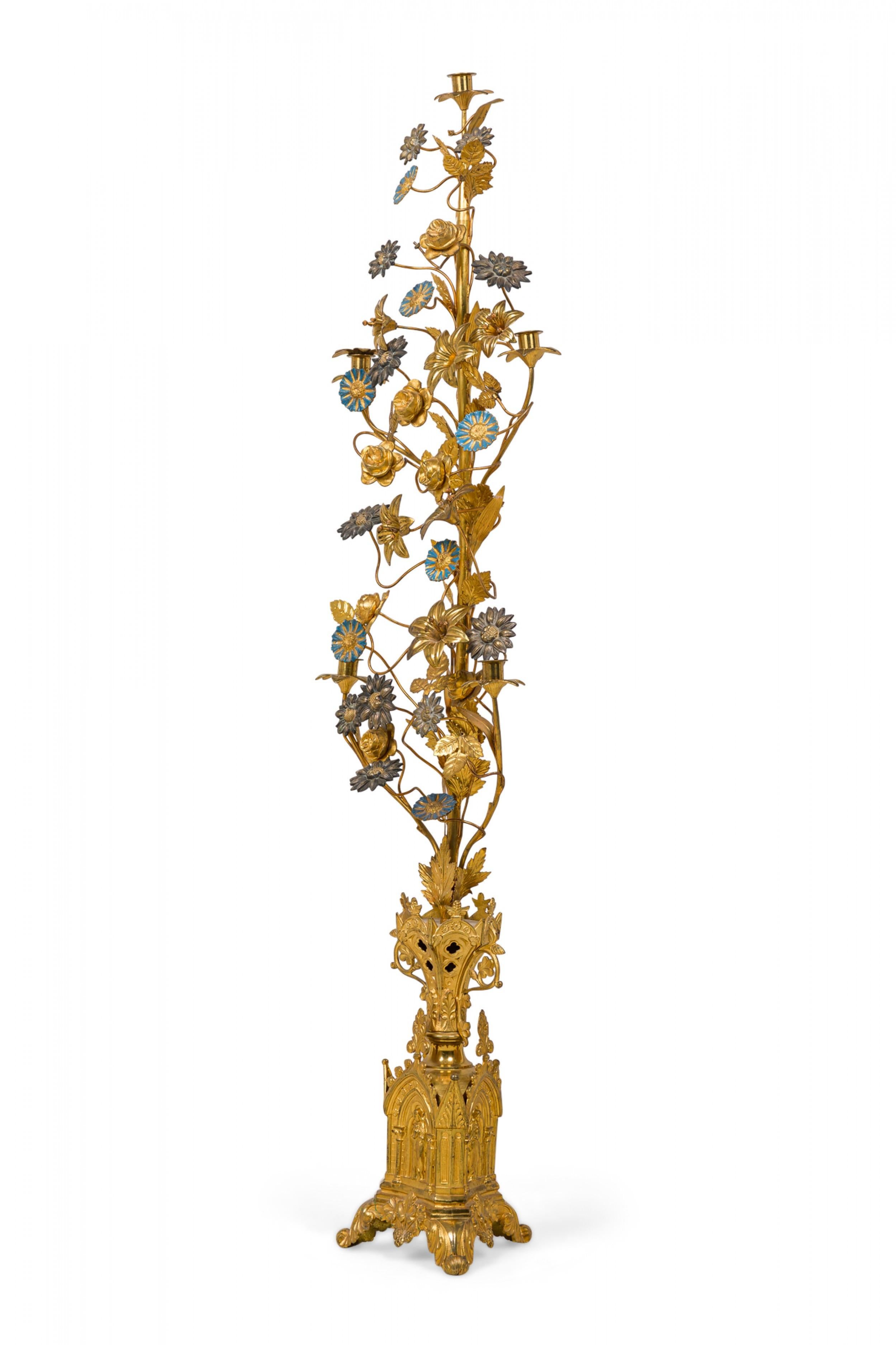 Pair of Continental Brass and Enamel Floral Candelabras In Good Condition For Sale In New York, NY