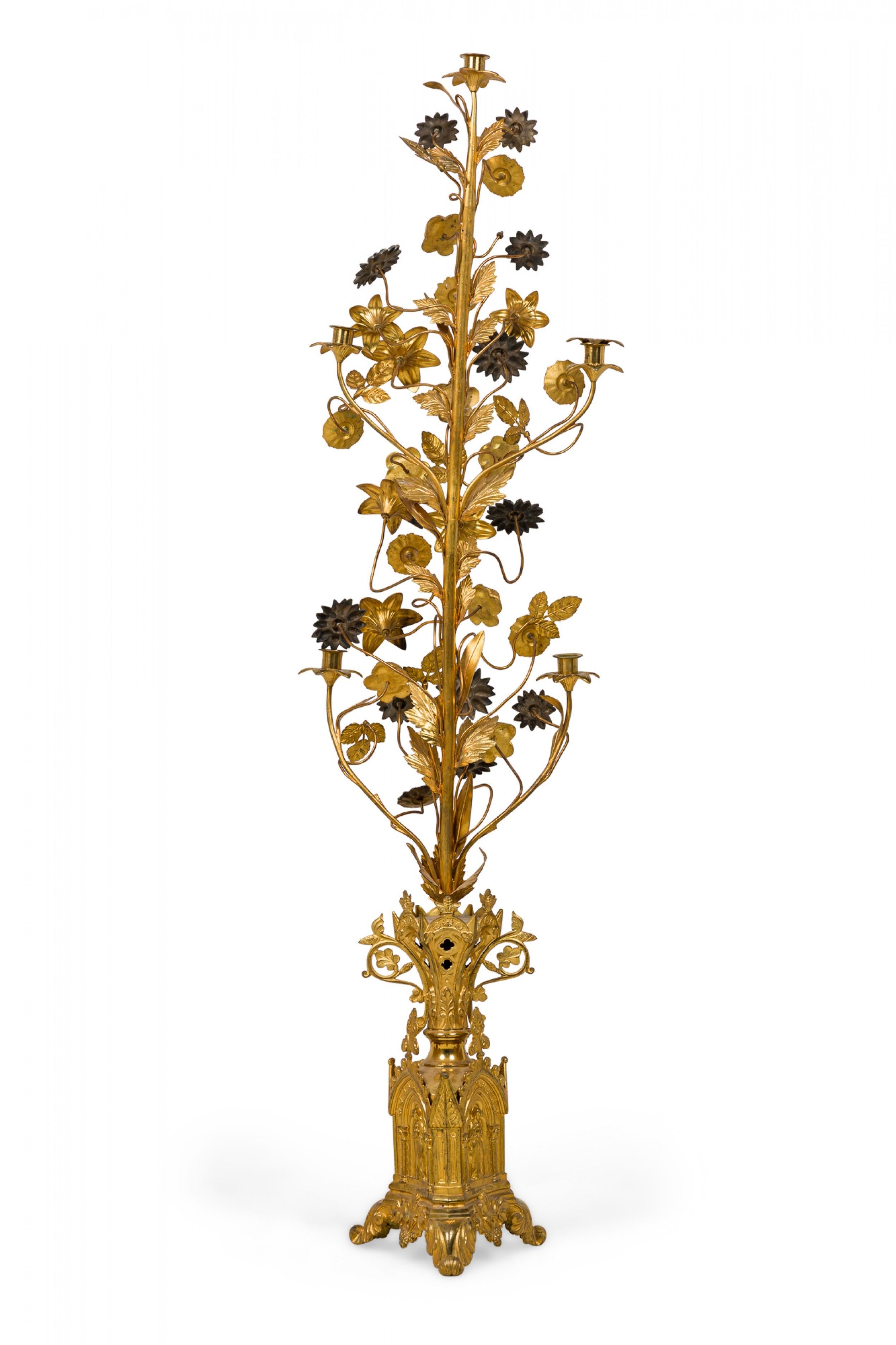 19th Century Pair of Continental Brass and Enamel Floral Candelabras For Sale