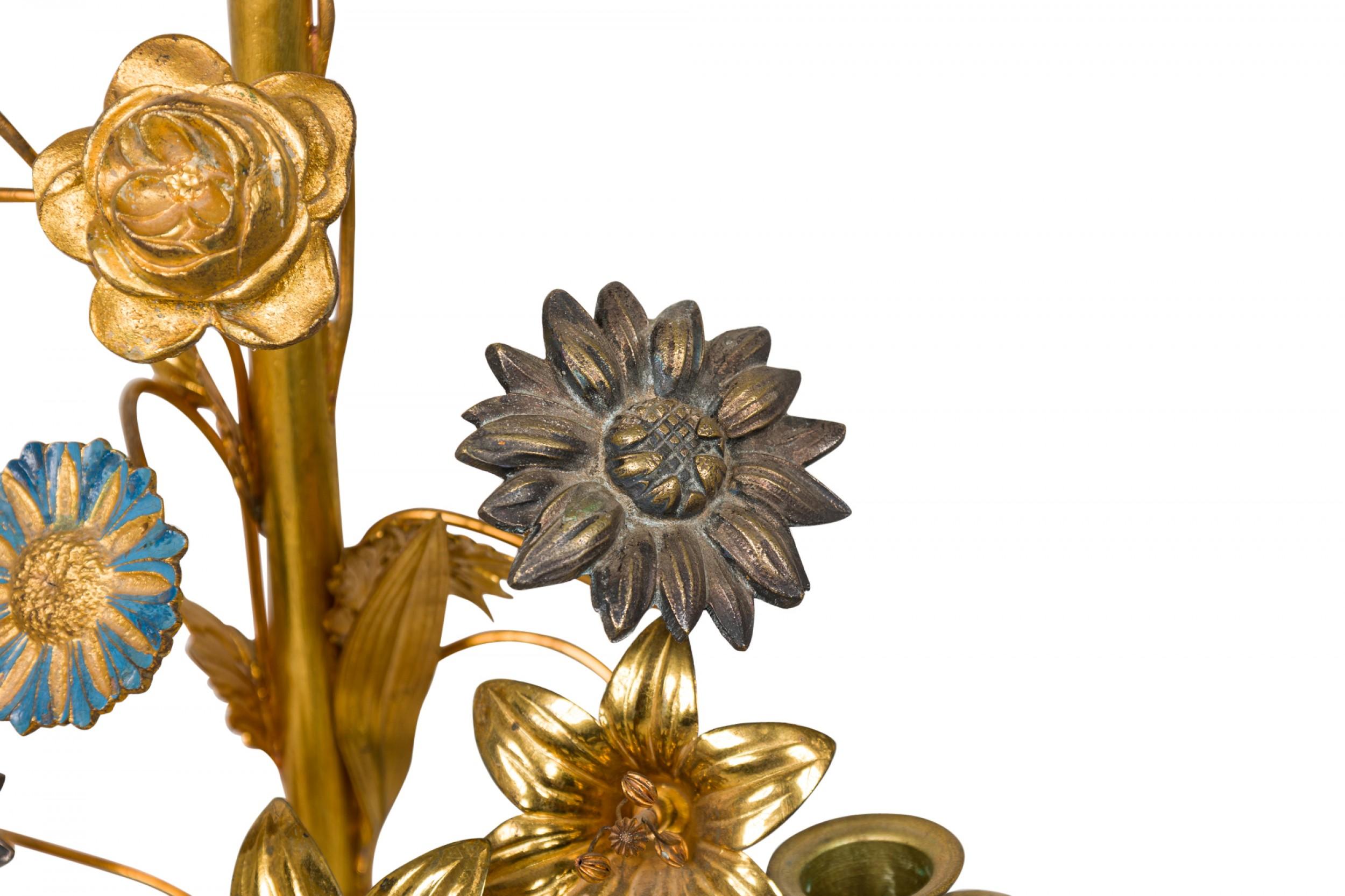 Pair of Continental Brass and Enamel Floral Candelabras For Sale 2