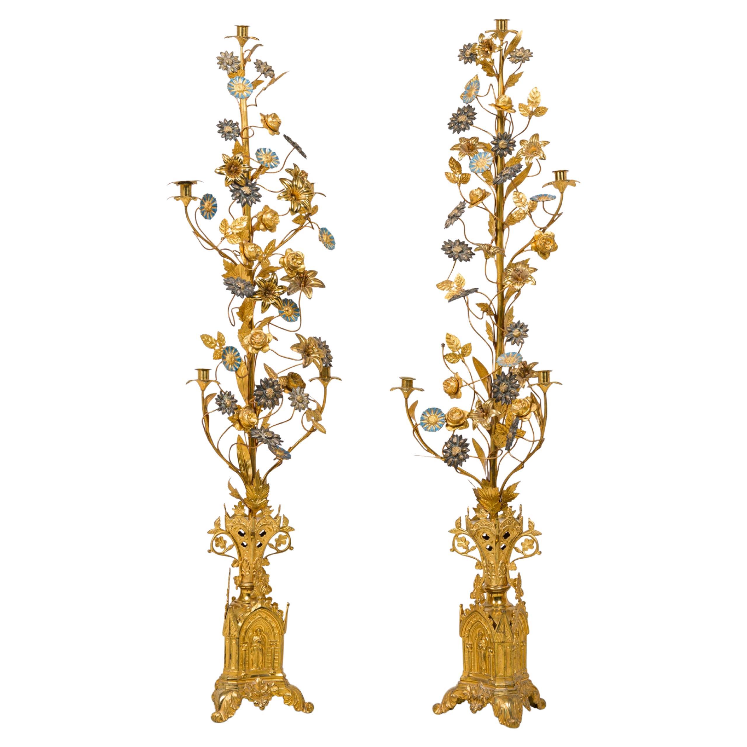 Pair of Continental Brass and Enamel Floral Candelabras For Sale