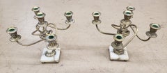Pair of Continental Brass and Onyx Five-Arm Candelabra