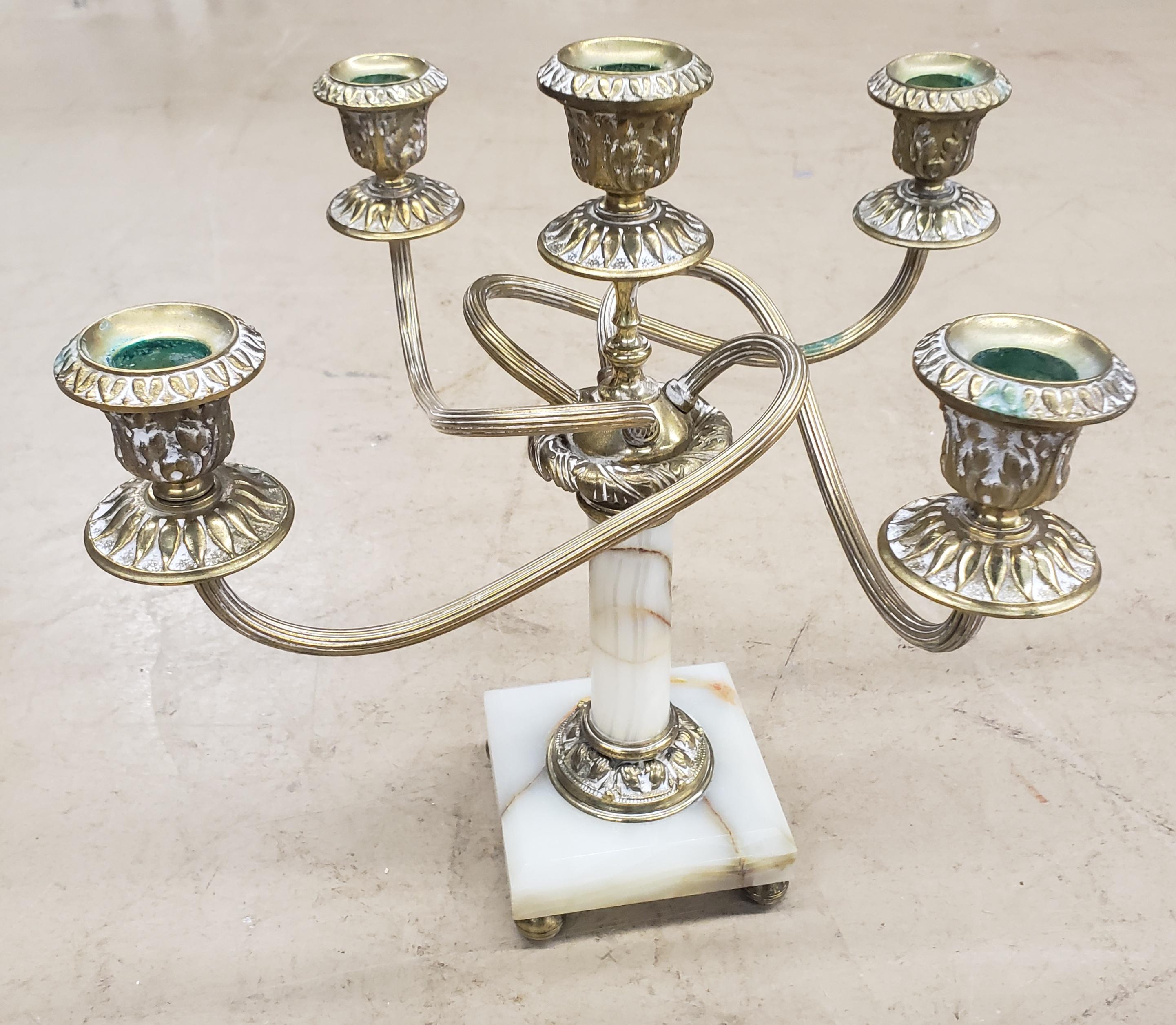 Mid-Century Modern Pair of Continental Brass and Onyx Five-Arm Candelabra For Sale