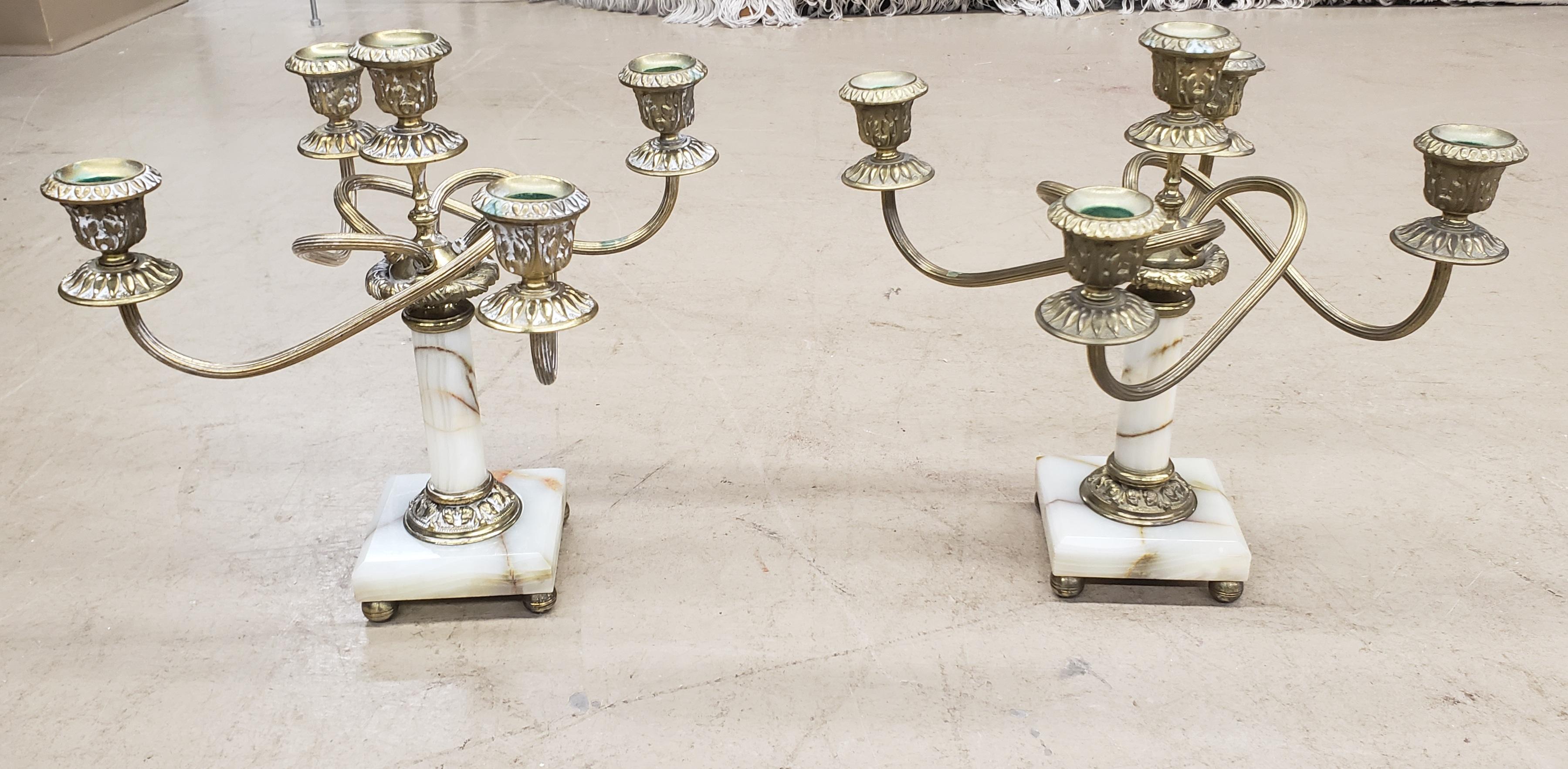 Pair of Continental Brass and Onyx Five-Arm Candelabra In Good Condition For Sale In Germantown, MD