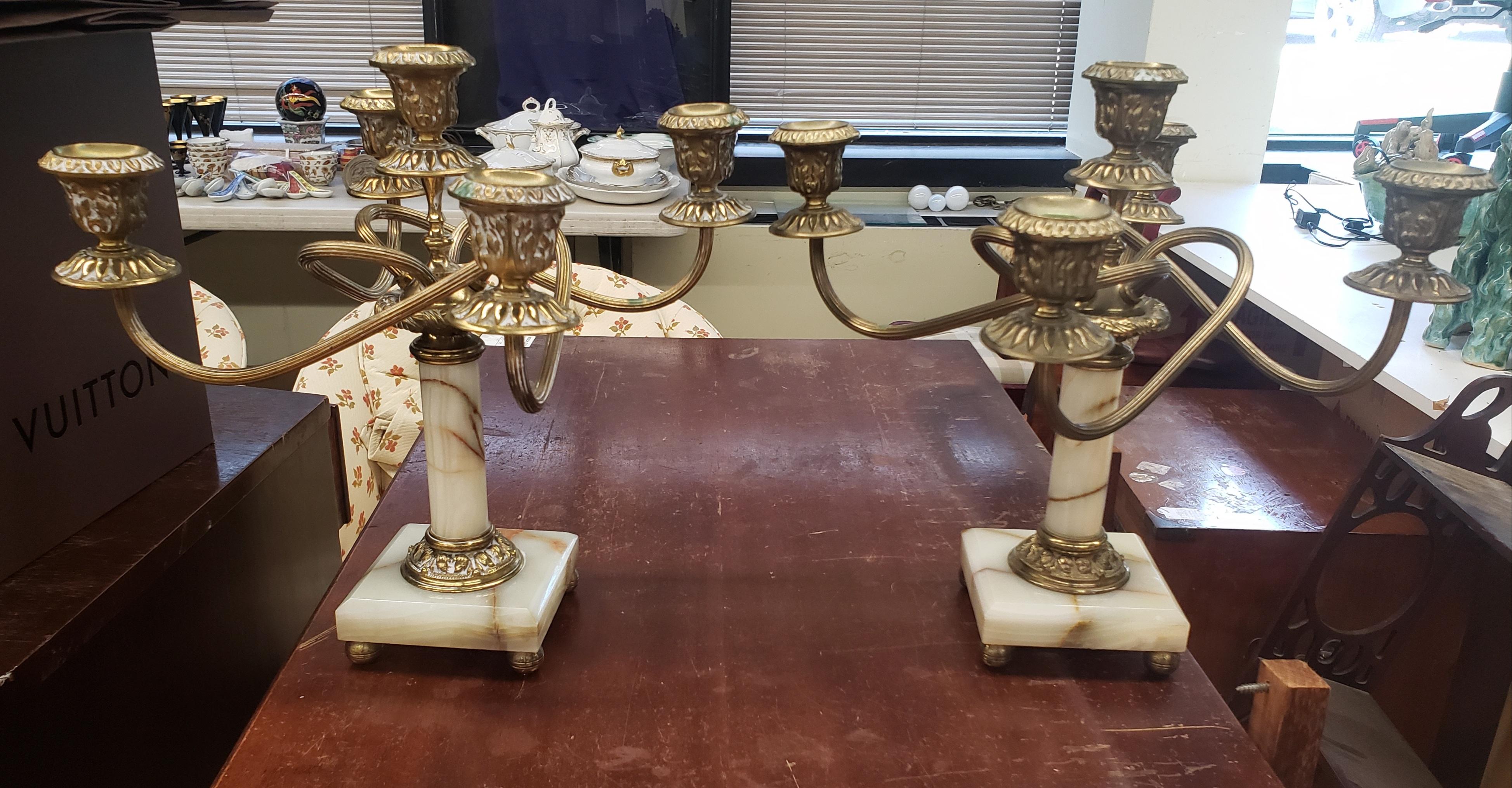 20th Century Pair of Continental Brass and Onyx Five-Arm Candelabra For Sale