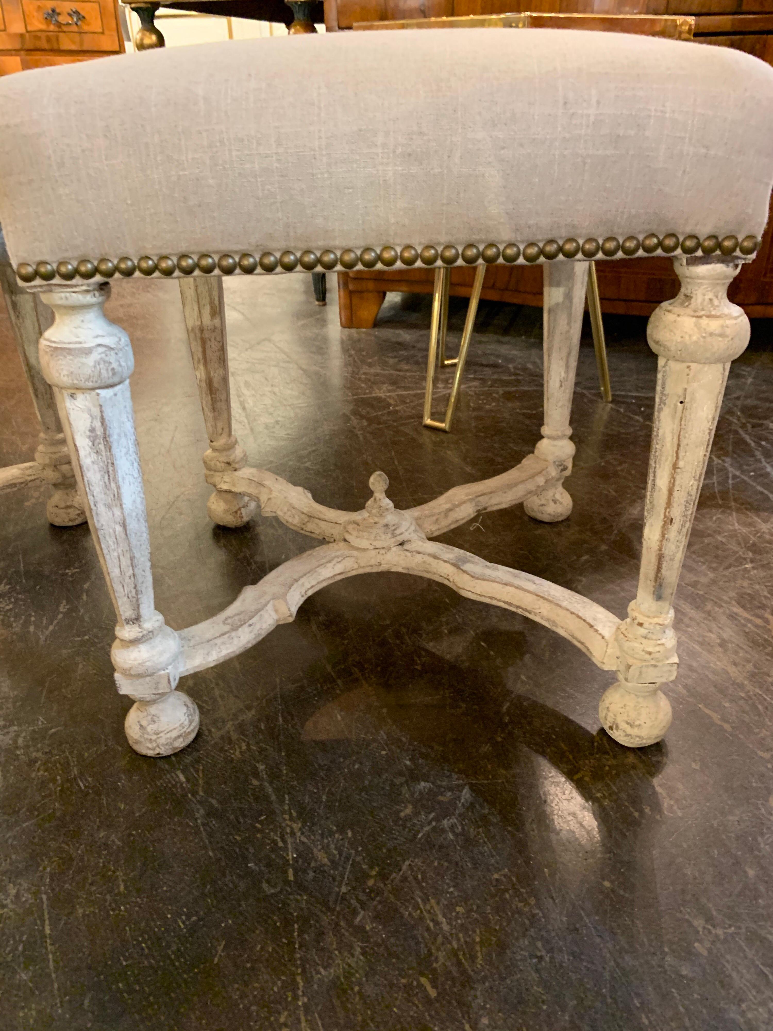 Very fine pair of continental style carved and painted upholstered stools. Nice carvings and patina on these. And they are upholstered in a lovely beige linen fabric. Great in a variety of decors!