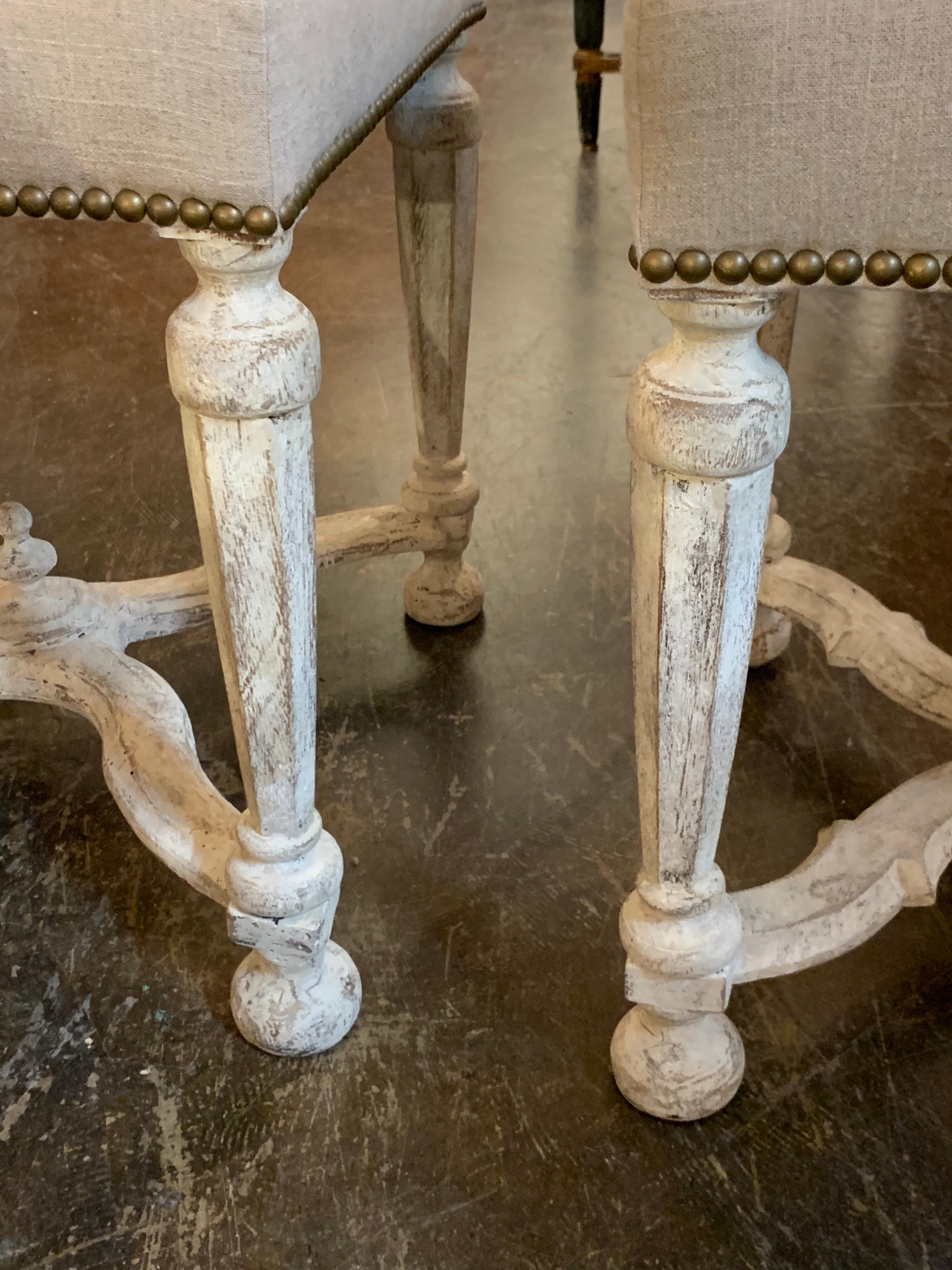 20th Century Pair of Continental Carved and Painted Upholstered Stools