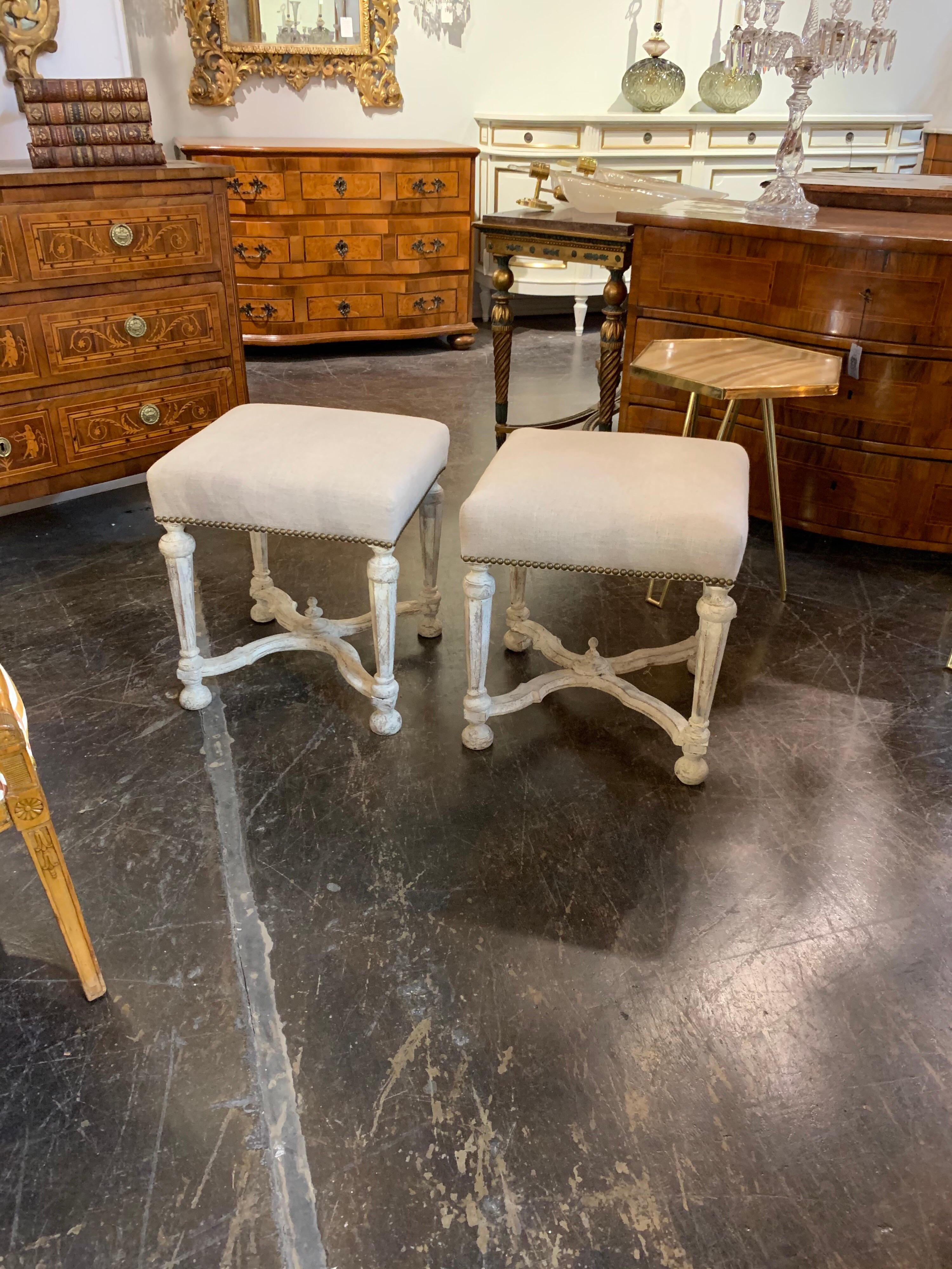 Linen Pair of Continental Carved and Painted Upholstered Stools