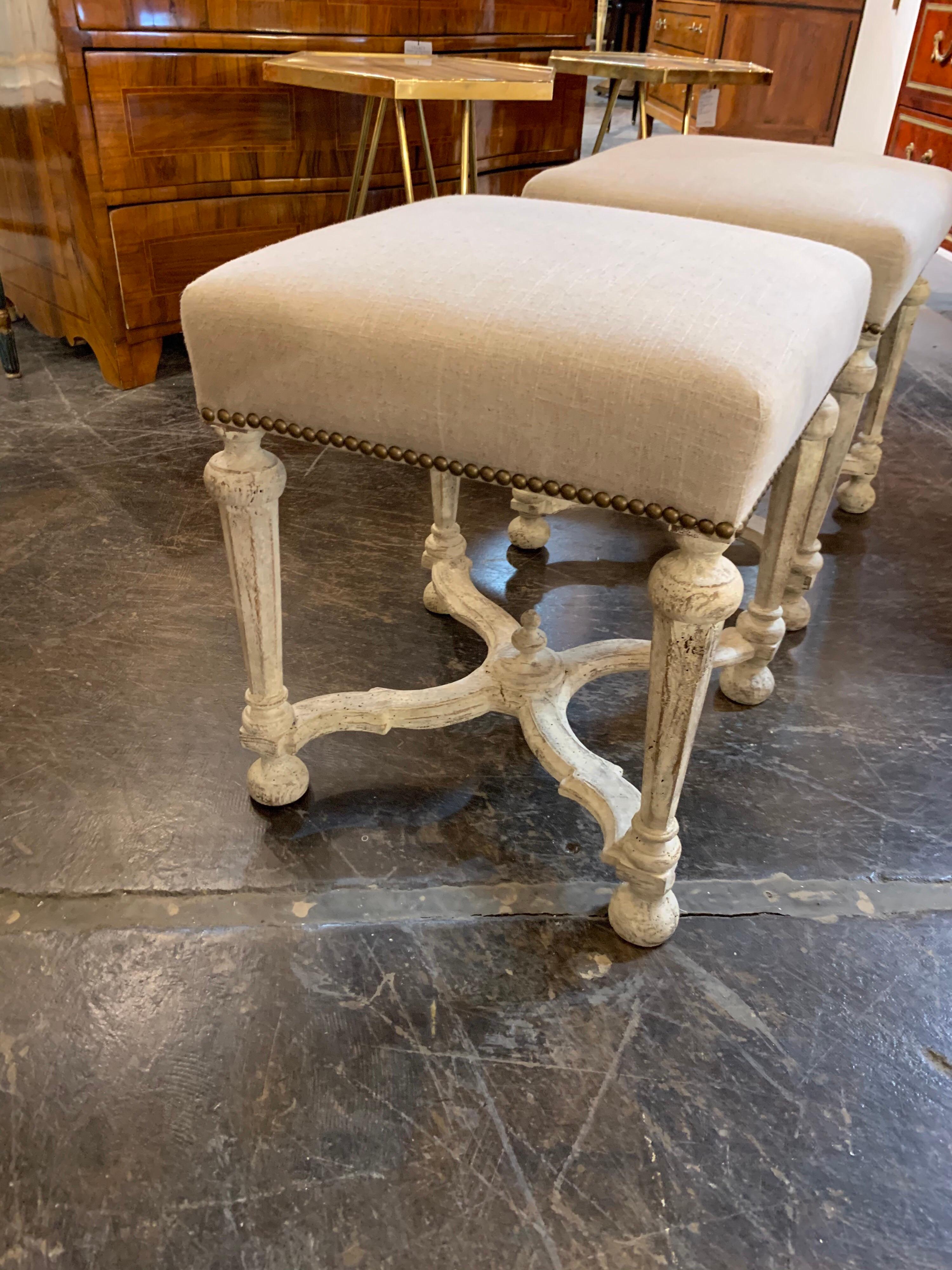 Pair of Continental Carved and Painted Upholstered Stools 1