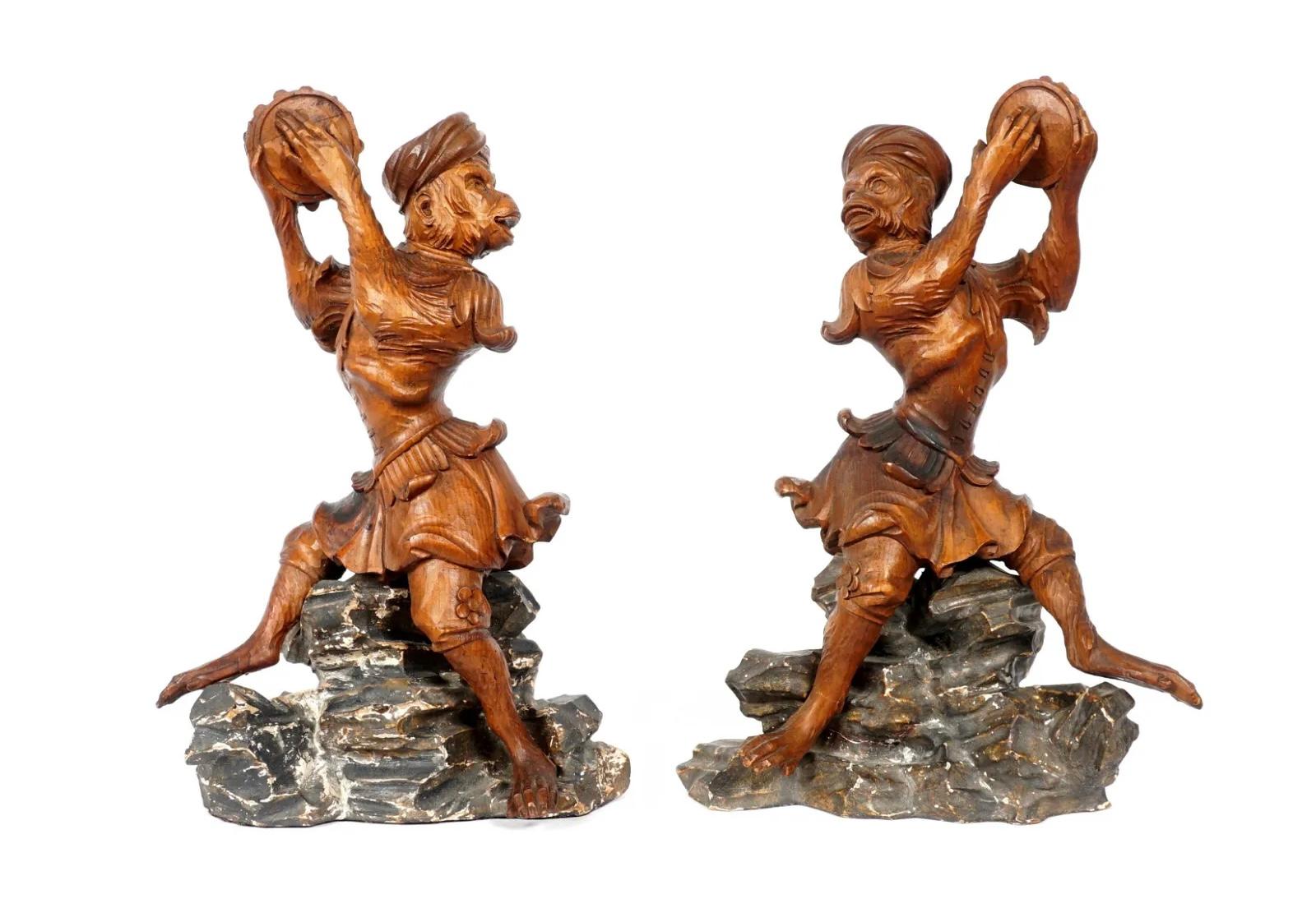 Pair of Continental Carved Wood Monkeys with Tambourine For Sale 7