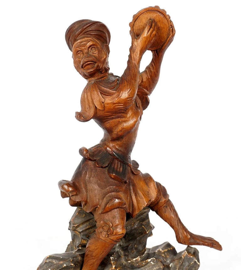 Pair of Continental Carved Wood Monkeys with Tambourine For Sale at 1stDibs