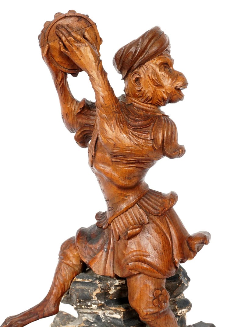 Pair of Continental Carved Wood Monkeys with Tambourine For Sale at 1stDibs
