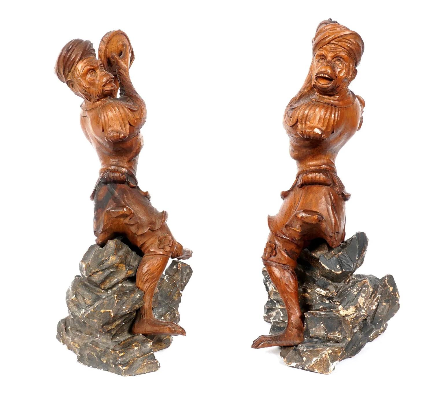 Pair of Continental Carved Wood Monkeys with Tambourine In Good Condition For Sale In Bradenton, FL