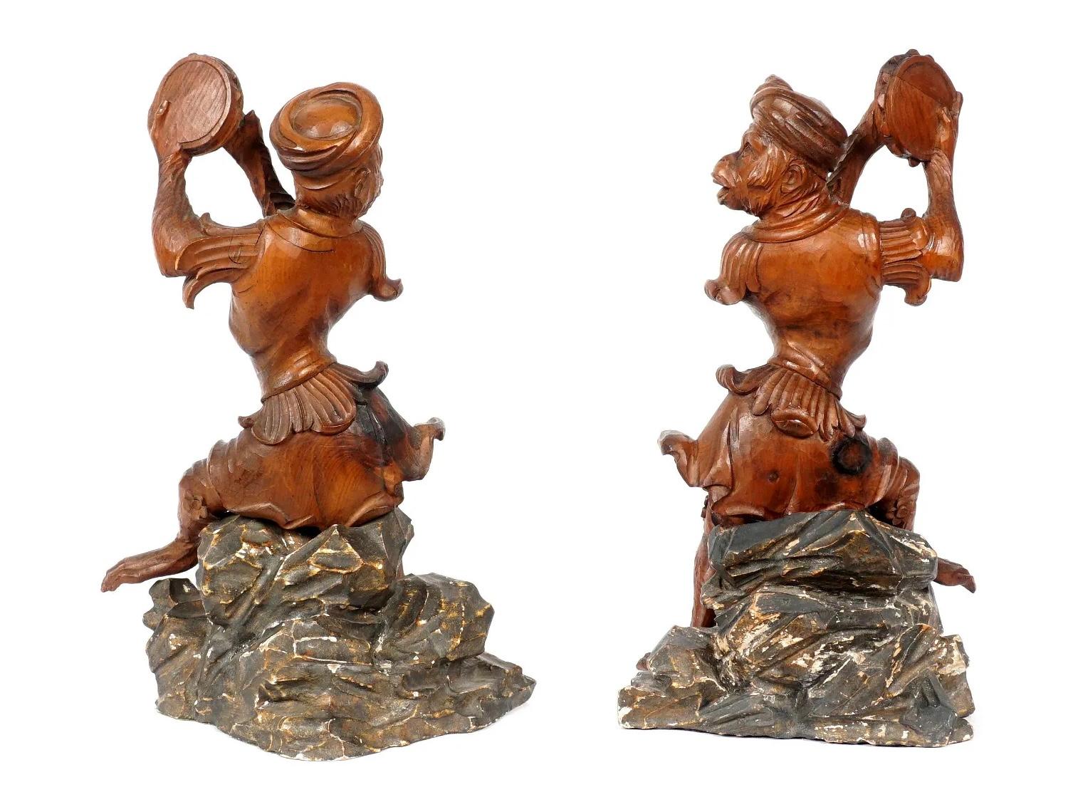 19th Century Pair of Continental Carved Wood Monkeys with Tambourine For Sale