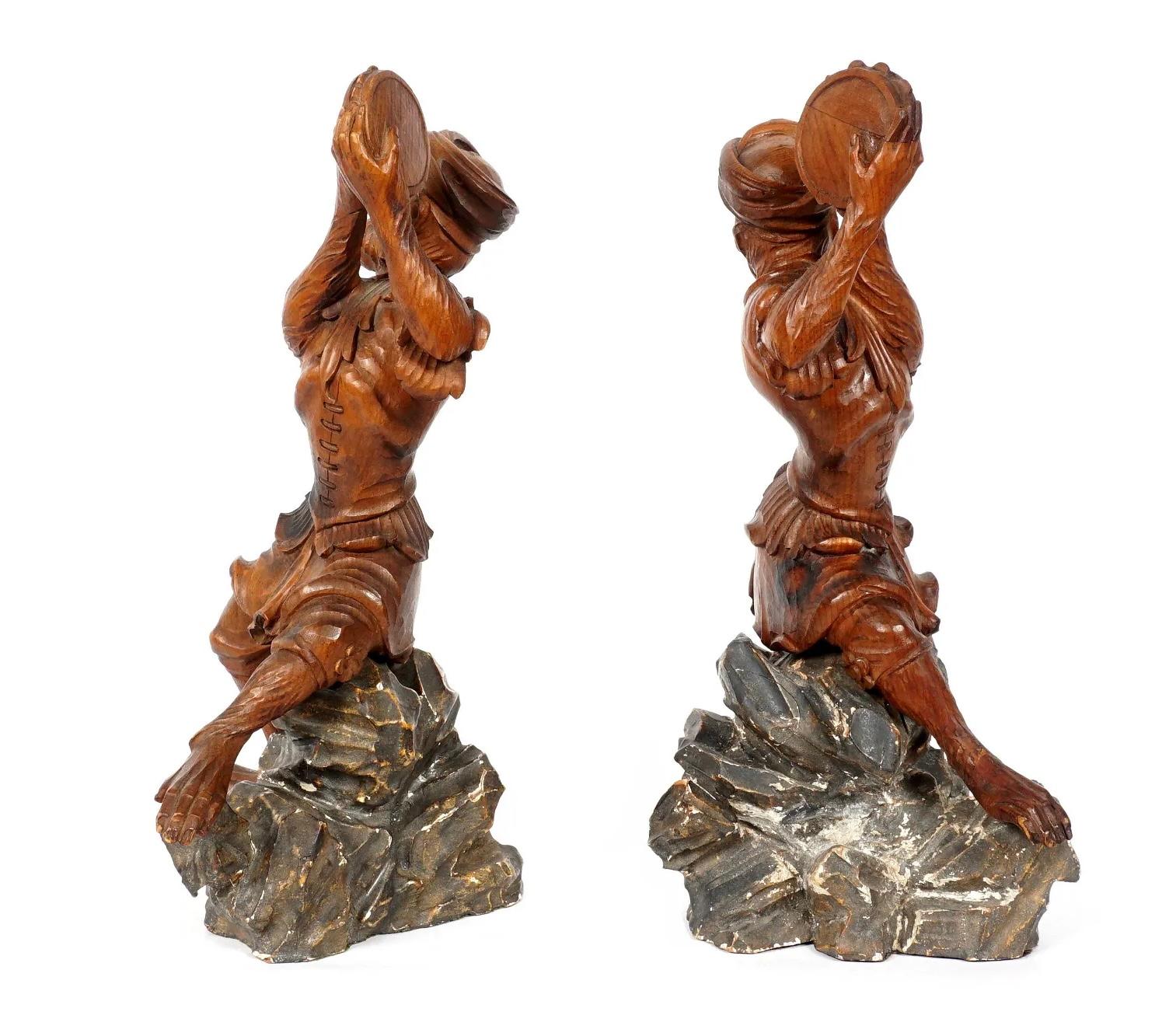 Pair of Continental Carved Wood Monkeys with Tambourine For Sale 1