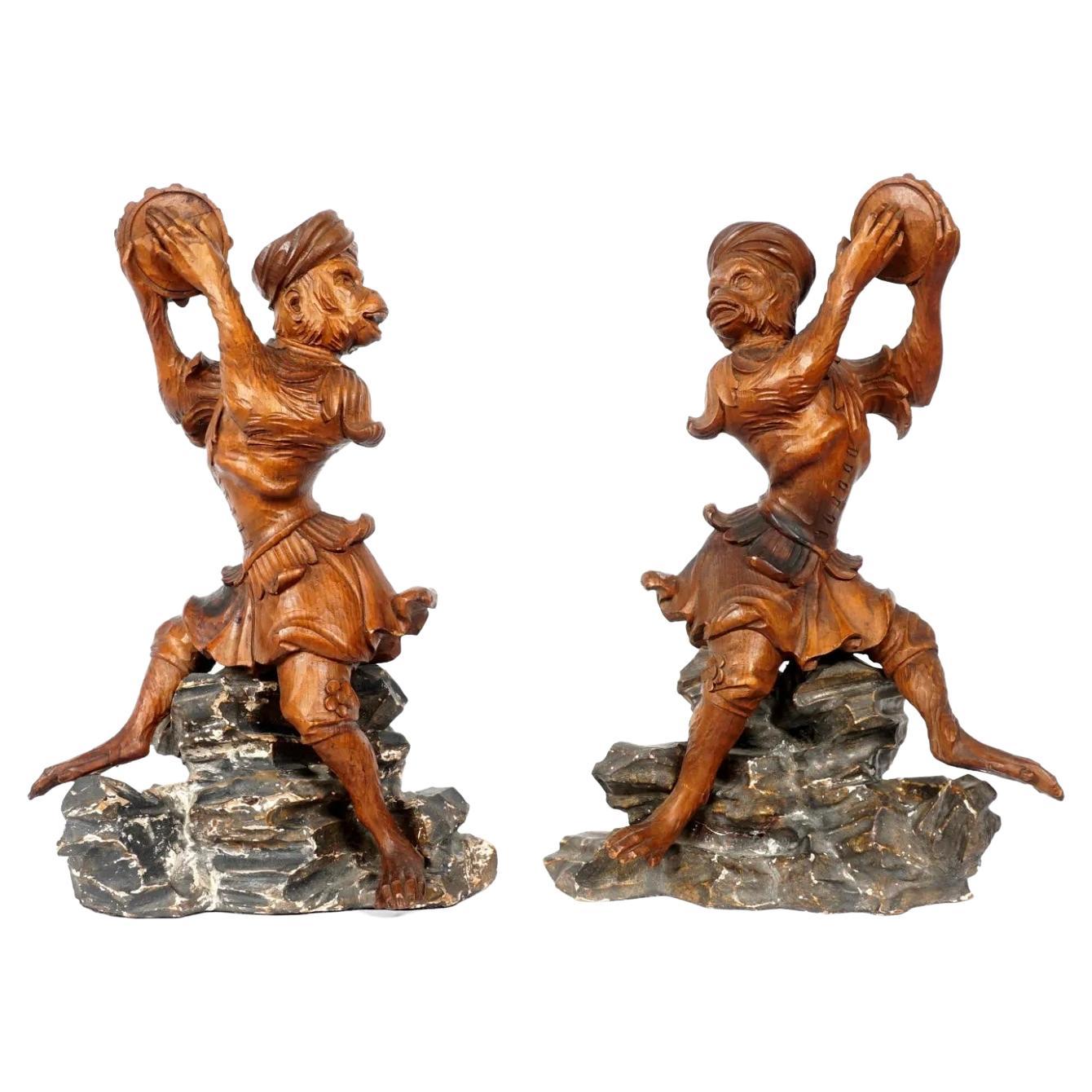 Pair of Continental Carved Wood Monkeys with Tambourine For Sale