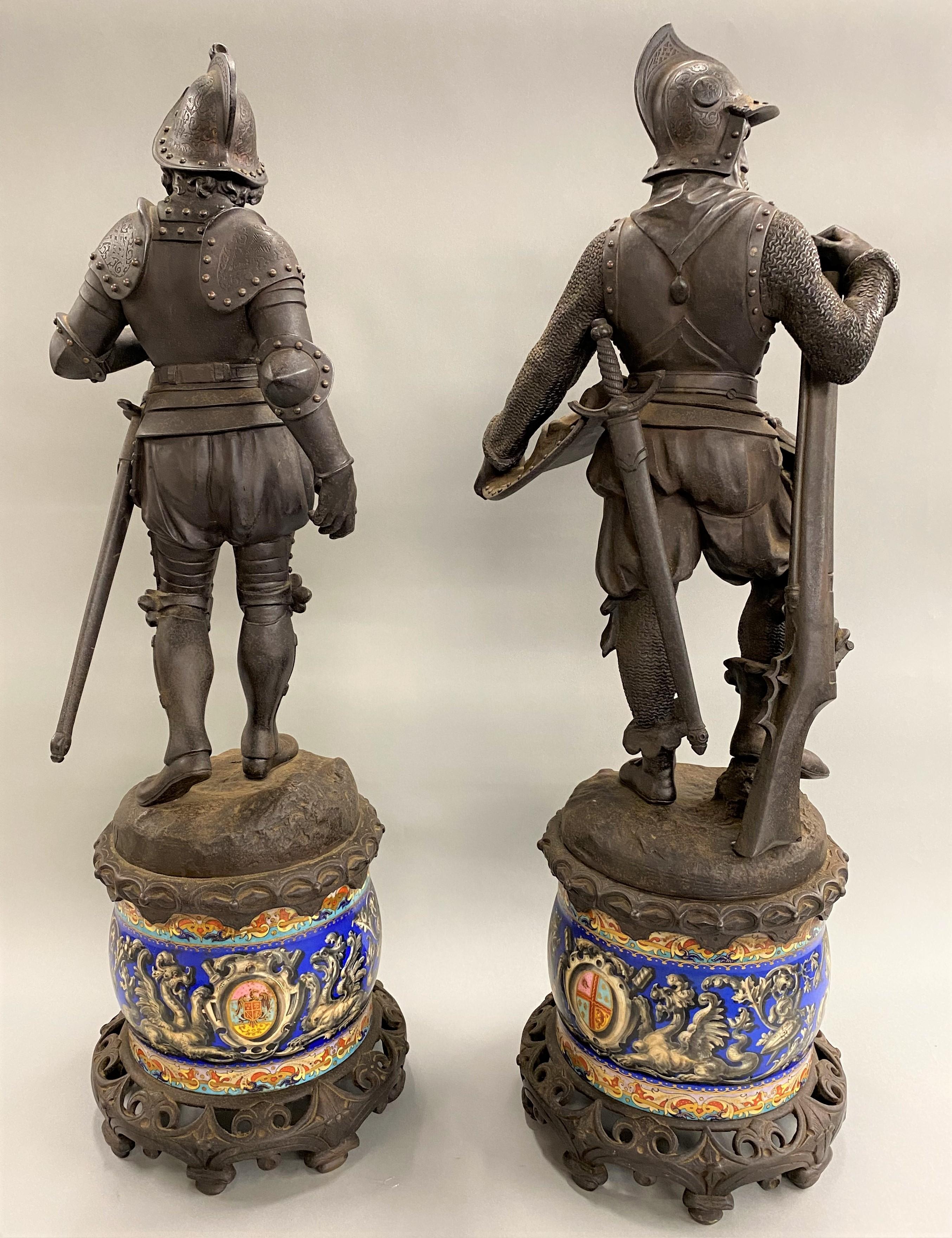 Pair of Continental Cast Iron Soldier Statues Mounted on Majolica Bases 4