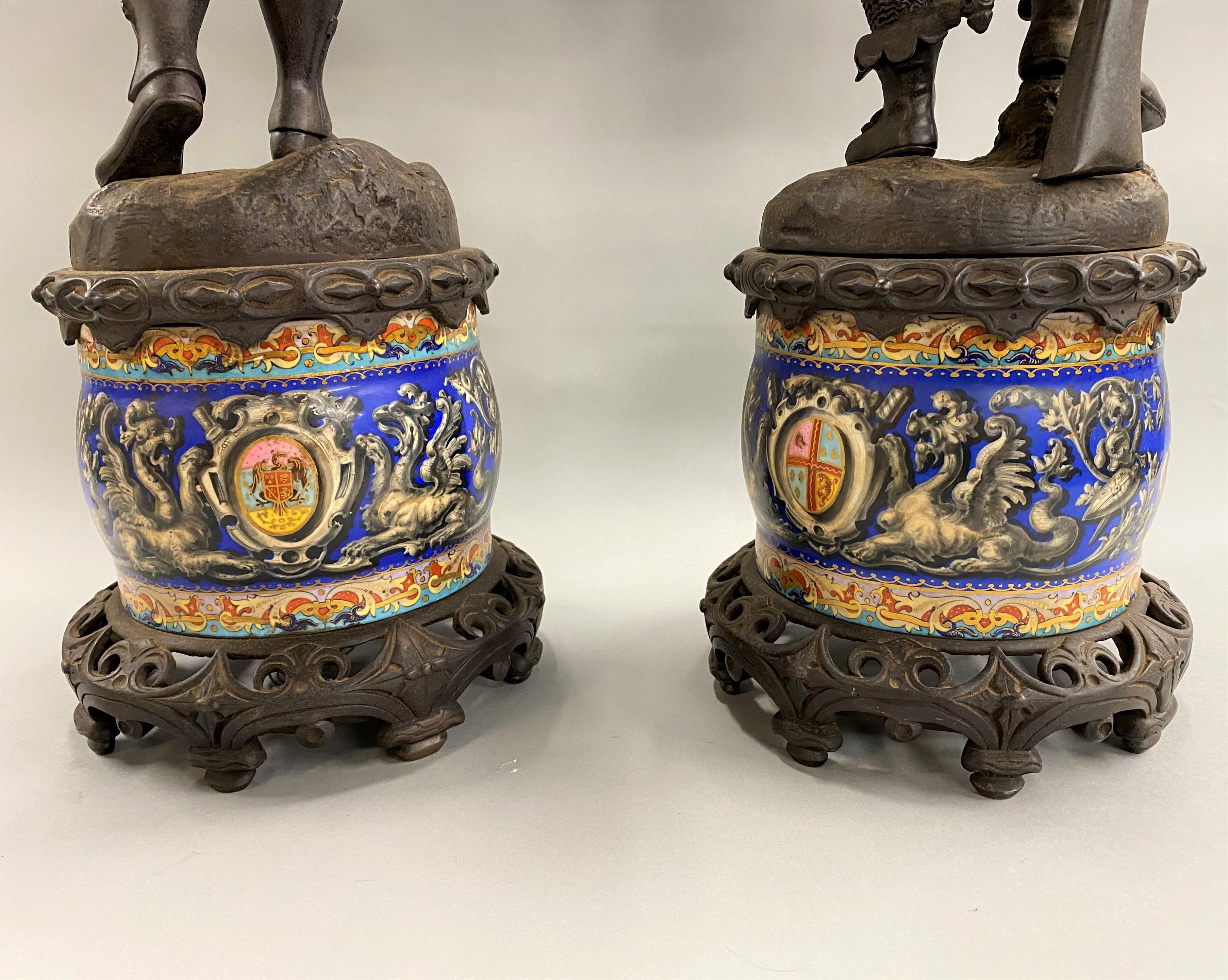 Pair of Continental Cast Iron Soldier Statues Mounted on Majolica Bases 6