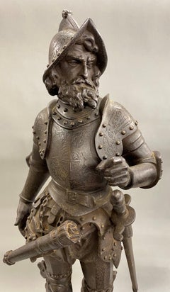 Pair of Continental Cast Iron Soldier Statues Mounted on Majolica Bases