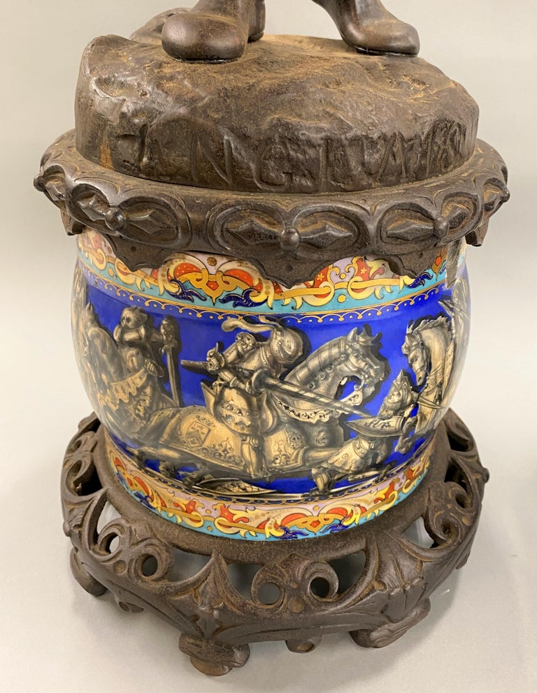 Pair of Continental Cast Iron Soldier Statues Mounted on Majolica Bases